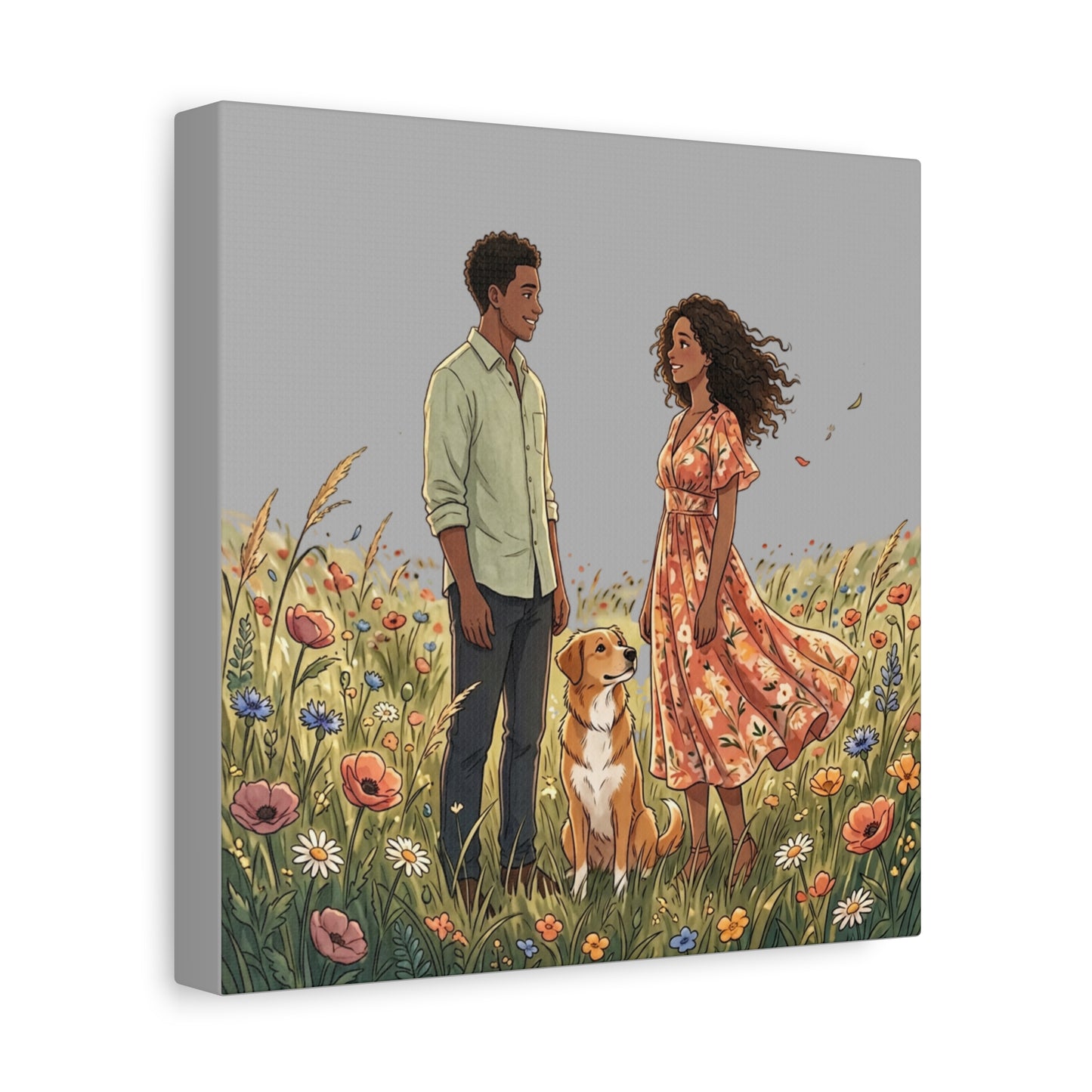 Romantic Couple in Wildflower Field Canvas Art — Black Love Wall Decor with Dog