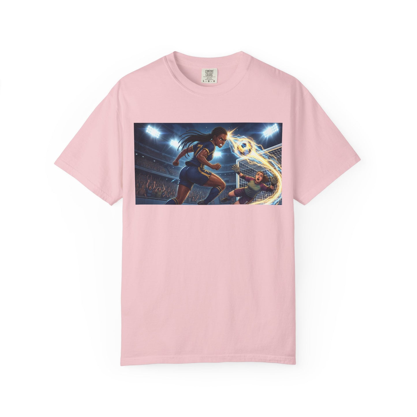Soccer Duel Graphic T-Shirt — Futuristic Goalkeeper vs Striker Stadium Print