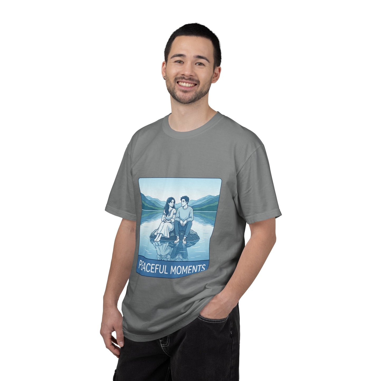 Peaceful Moments Tee — Couple Sitting by Lake Graphic T-Shirt