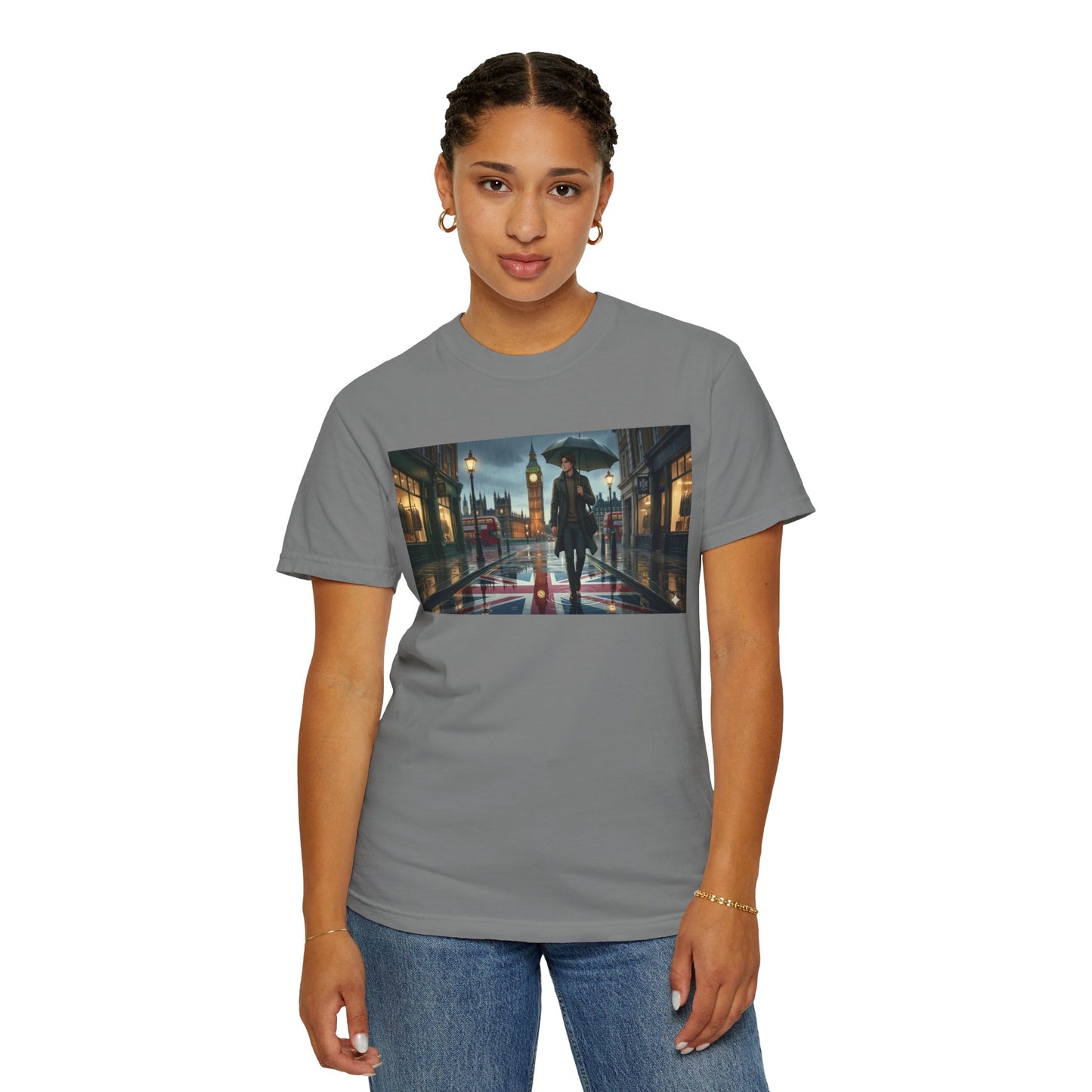 T-Shirt — Rainy London Street Scene Graphic Tee (Big Ben, Umbrella, Night Cityscape)