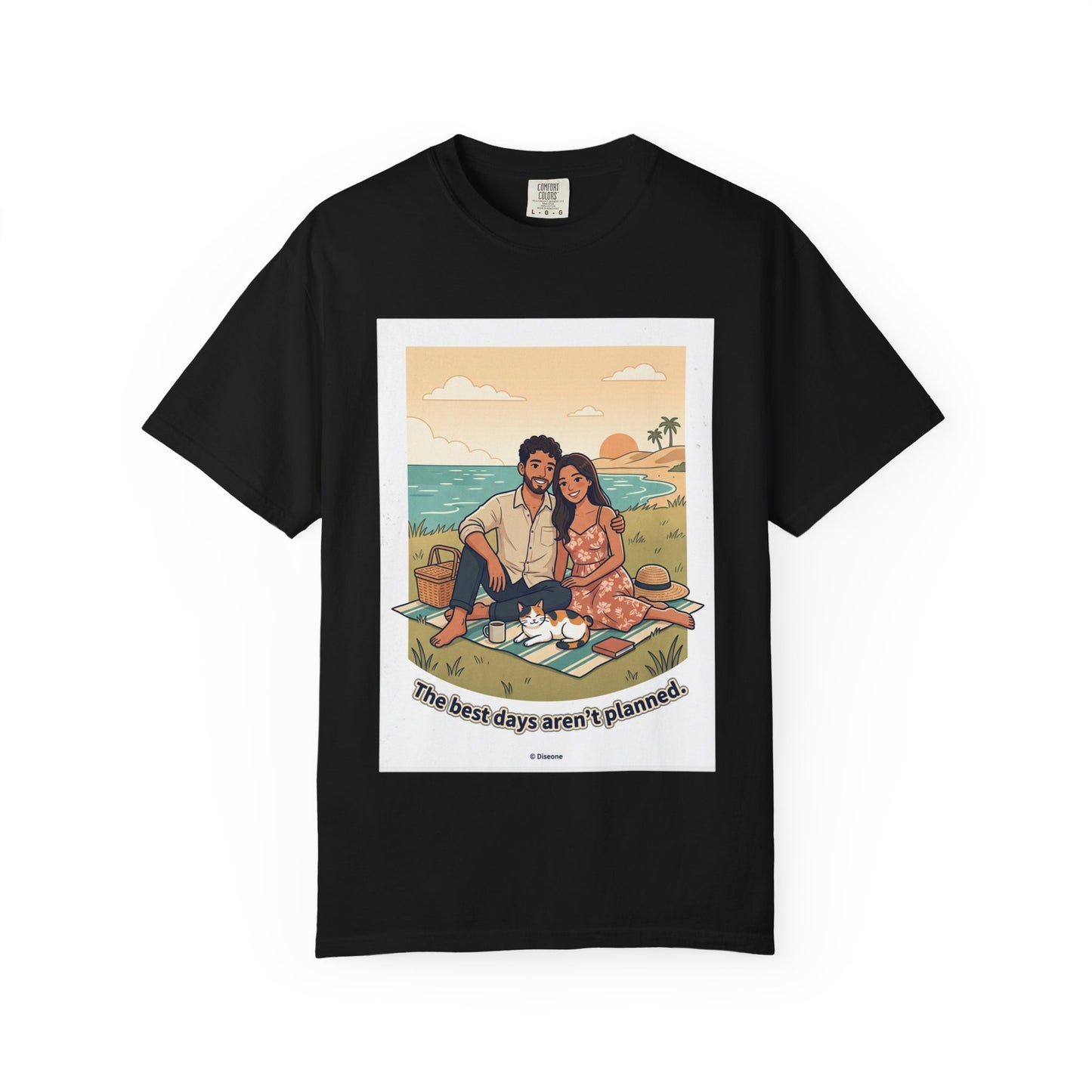 Beach Picnic Couple T‑Shirt — “The best days aren’t planned.” Relaxed Vacation Tee