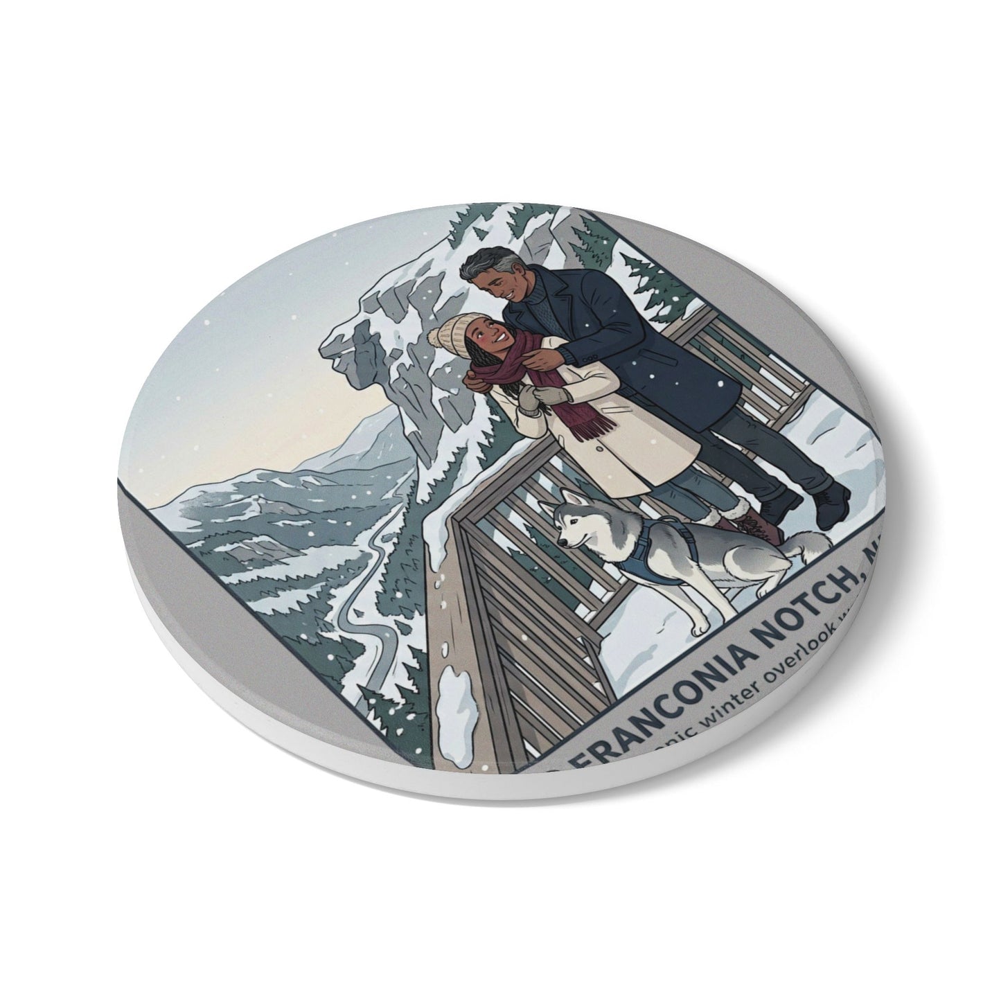 Franconia Notch Winter Scenic Ceramic Coaster — Couple with Husky Snowview