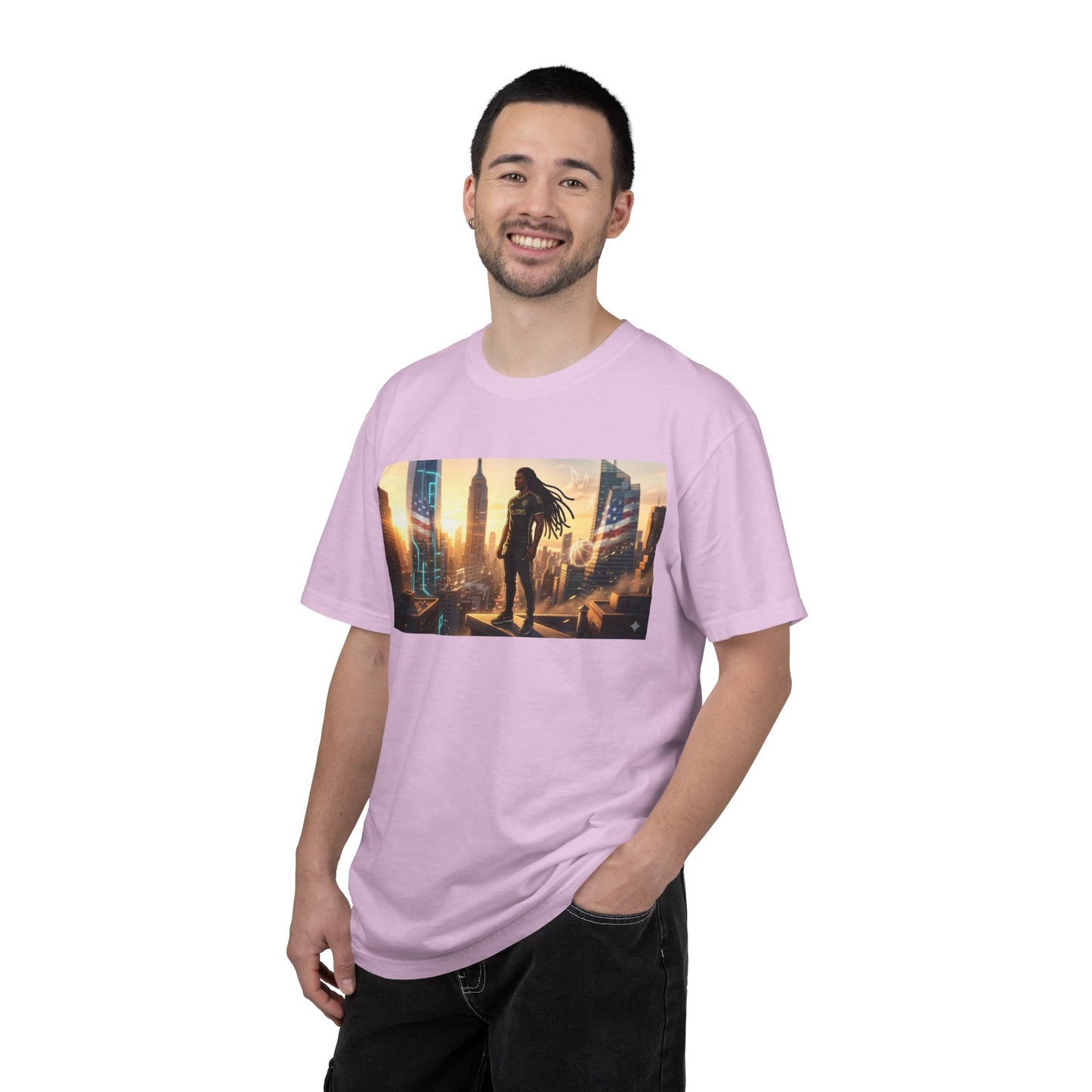 Cyberpunk Cityscape T-Shirt — Silhouette Hero at Sunset