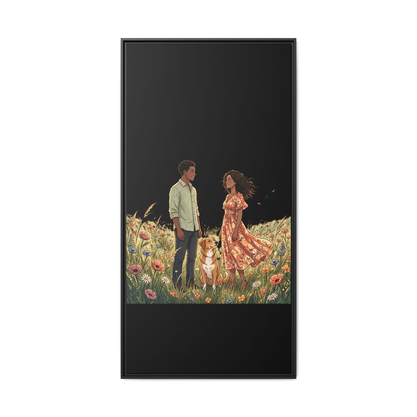 Framed Matte Canvas Print — Romantic Couple in Wildflower Field (Multi‑Color)
