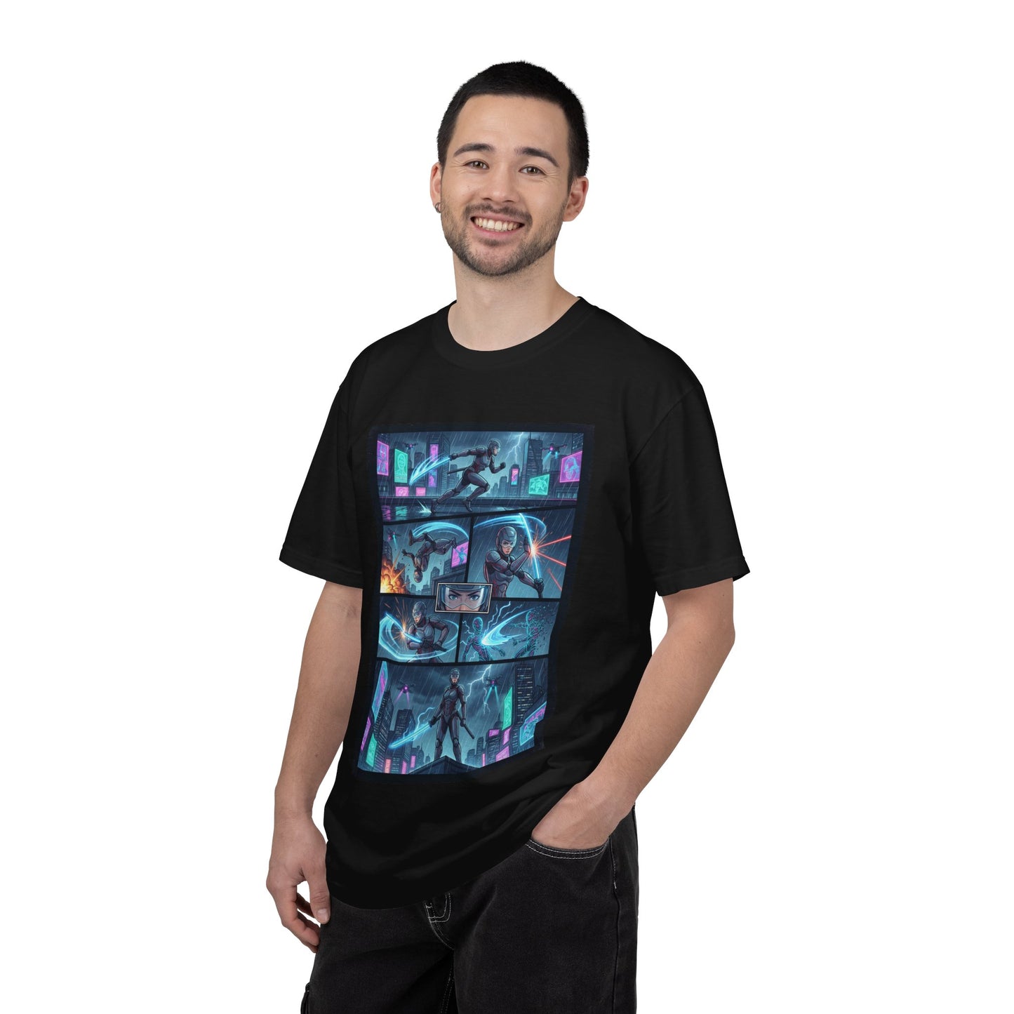 Cyberpunk Girl Samurai T-Shirt — Neon Manga Panel Graphic Tee