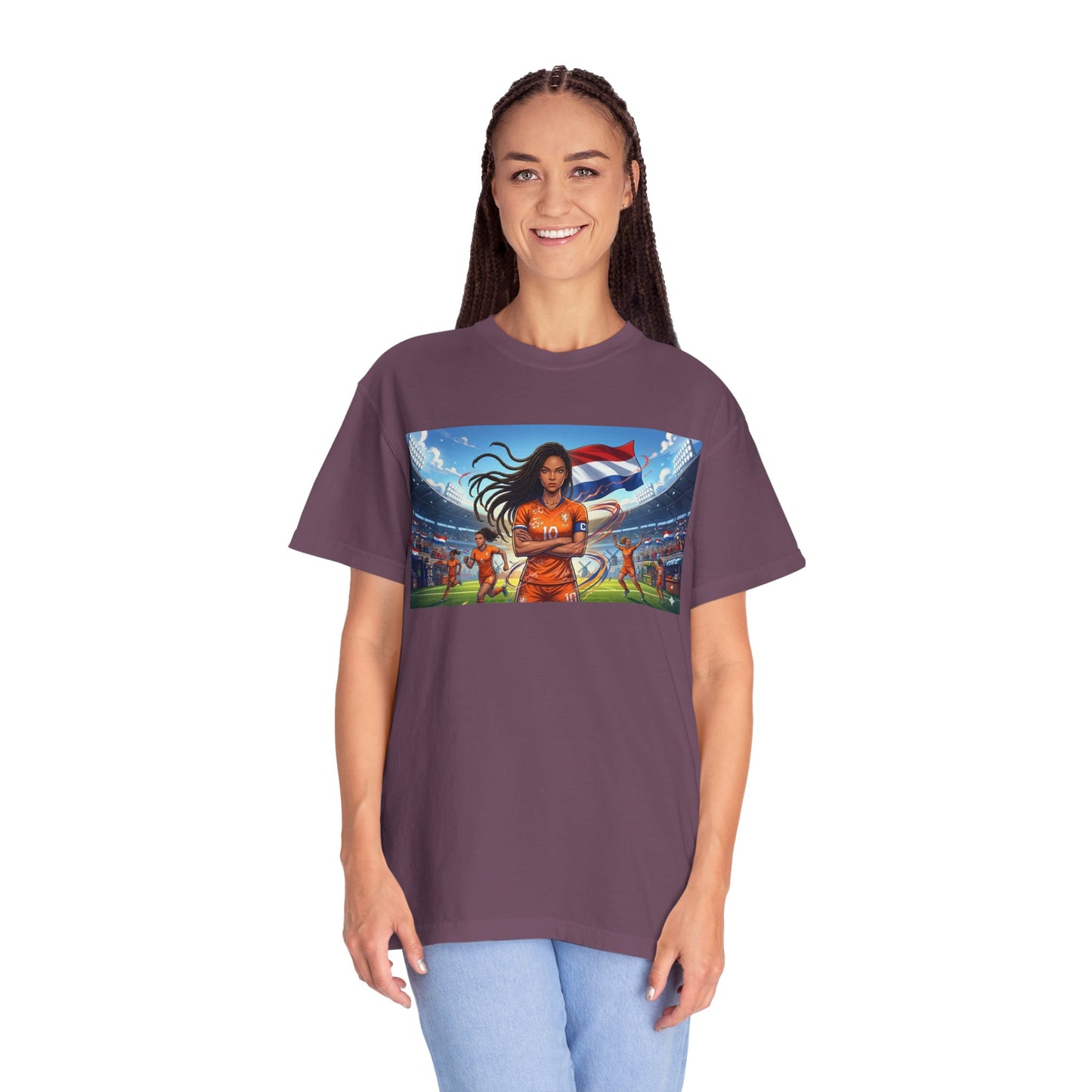 Soccer Warrior T-Shirt — Netherlands Female Captain with Flag Stadium Graphic