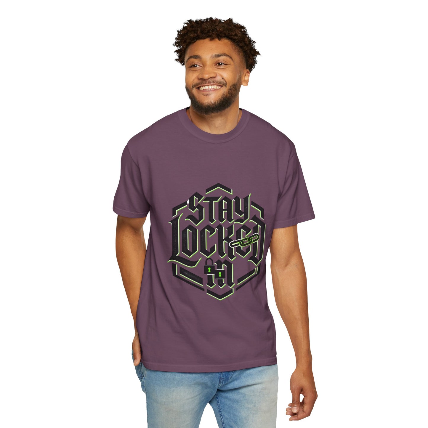 Stay Locked In T-Shirt — Bold Gothic Logo Tee