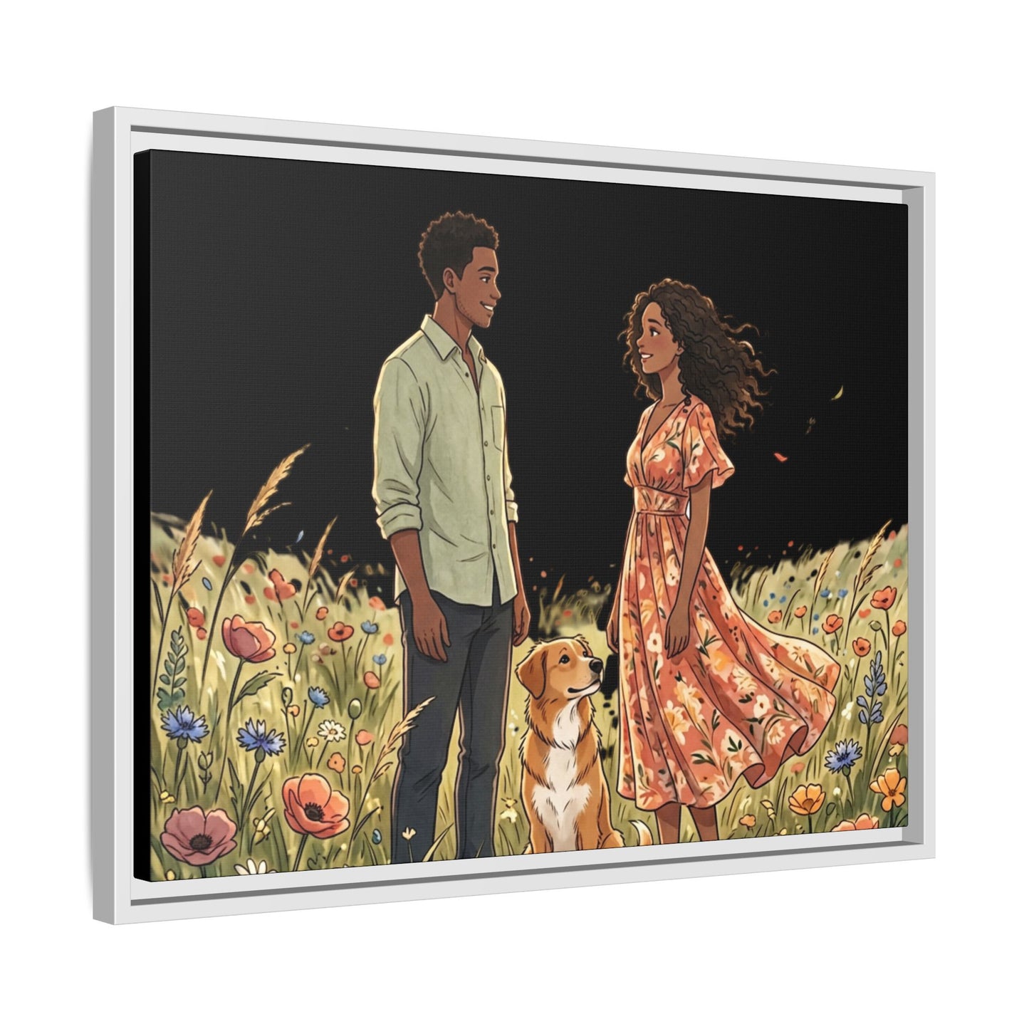 Framed Matte Canvas Print — Romantic Couple in Wildflower Field (Multi‑Color)