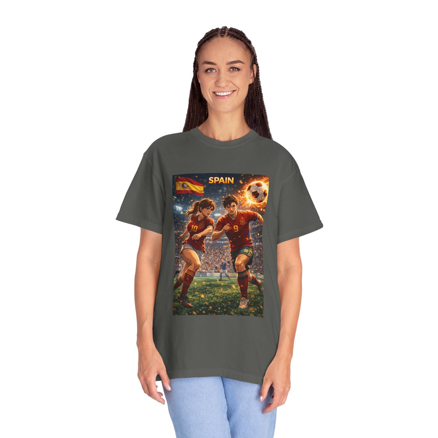 Spain Soccer Graphic T-Shirt — Retro Match Scene with Flag