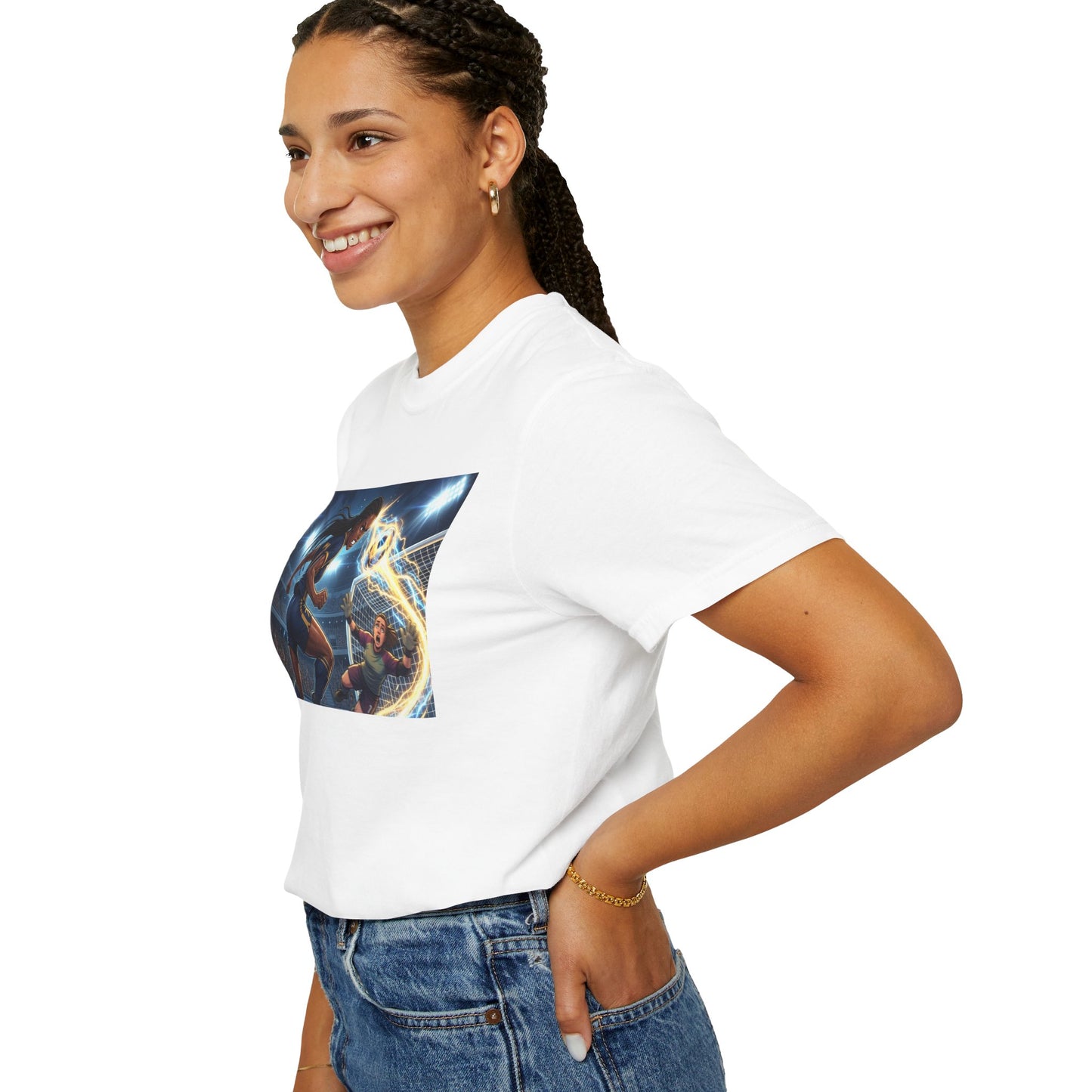 Soccer Duel Graphic T-Shirt — Futuristic Goalkeeper vs Striker Stadium Print