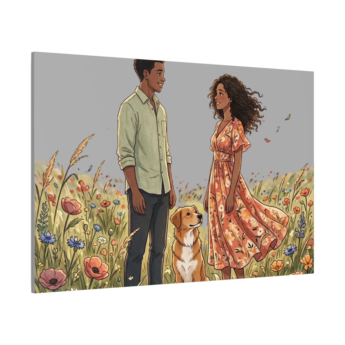 Romantic Couple in Wildflower Field Canvas Art — Black Love Wall Decor with Dog