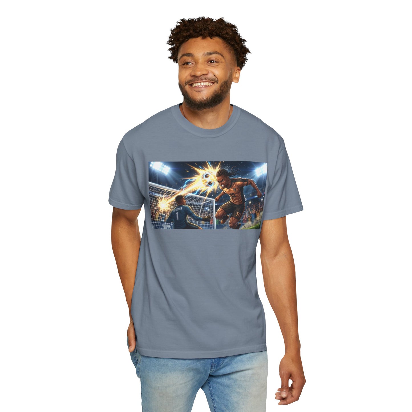 Soccer Goal Celebration T-Shirt — Action Football Scene Graphic Tee