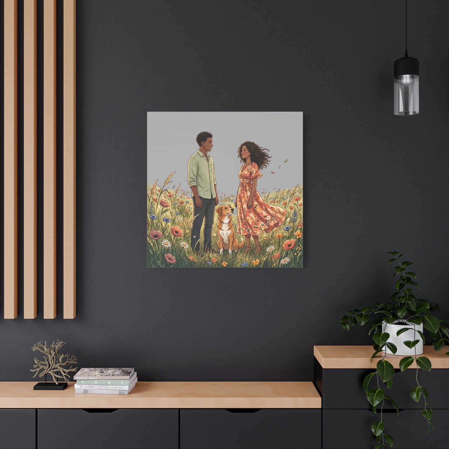 Romantic Couple in Wildflower Field Canvas Art — Black Love Wall Decor with Dog