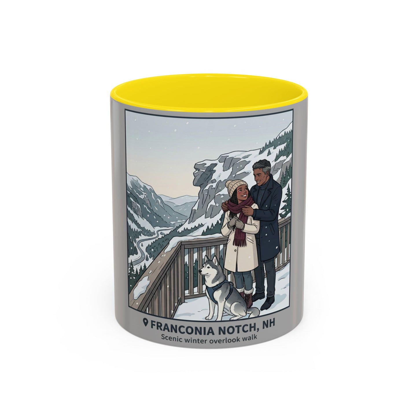 Franconia Notch Scenic Winter Mug — Couples & Dog Snowy Overlook Coffee Cup (11/15oz)