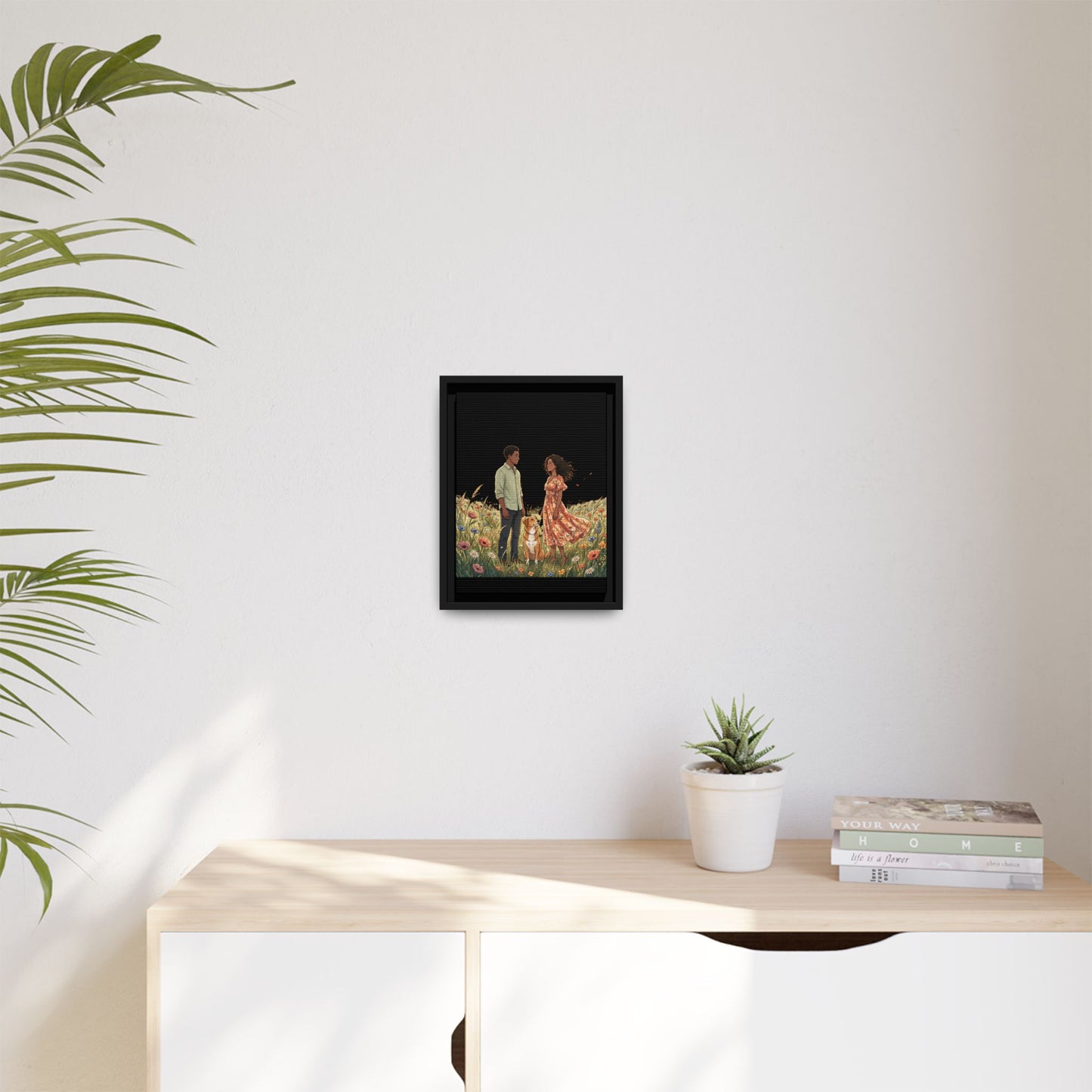 Framed Matte Canvas Print — Romantic Couple in Wildflower Field (Multi‑Color)