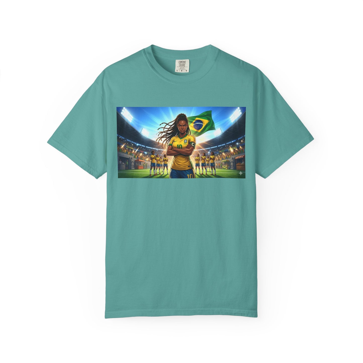 Brazil Soccer Captain T-Shirt — Player Holding Ball with Brazilian Flag Stadium Graphic