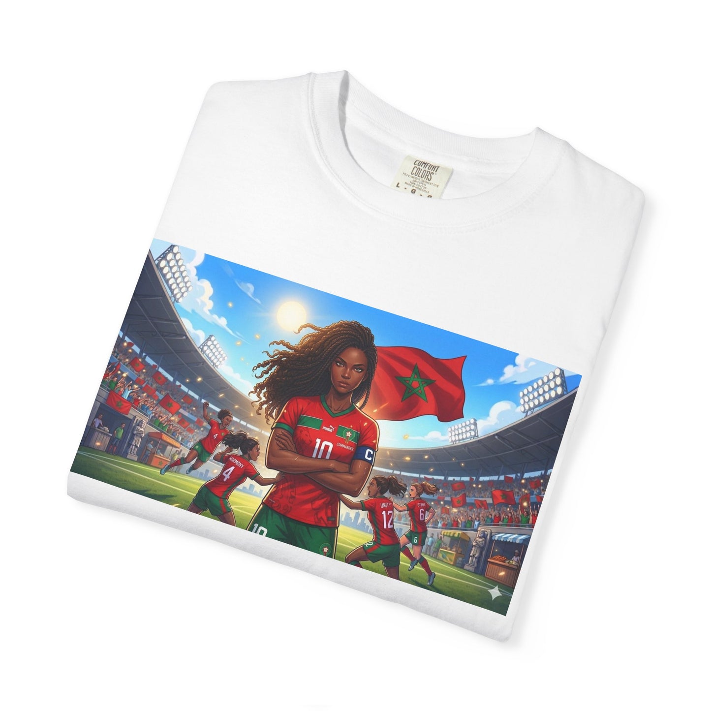 Morocco Soccer Champion Graphic T-Shirt — Inspiring Women’s Football Stadium Design