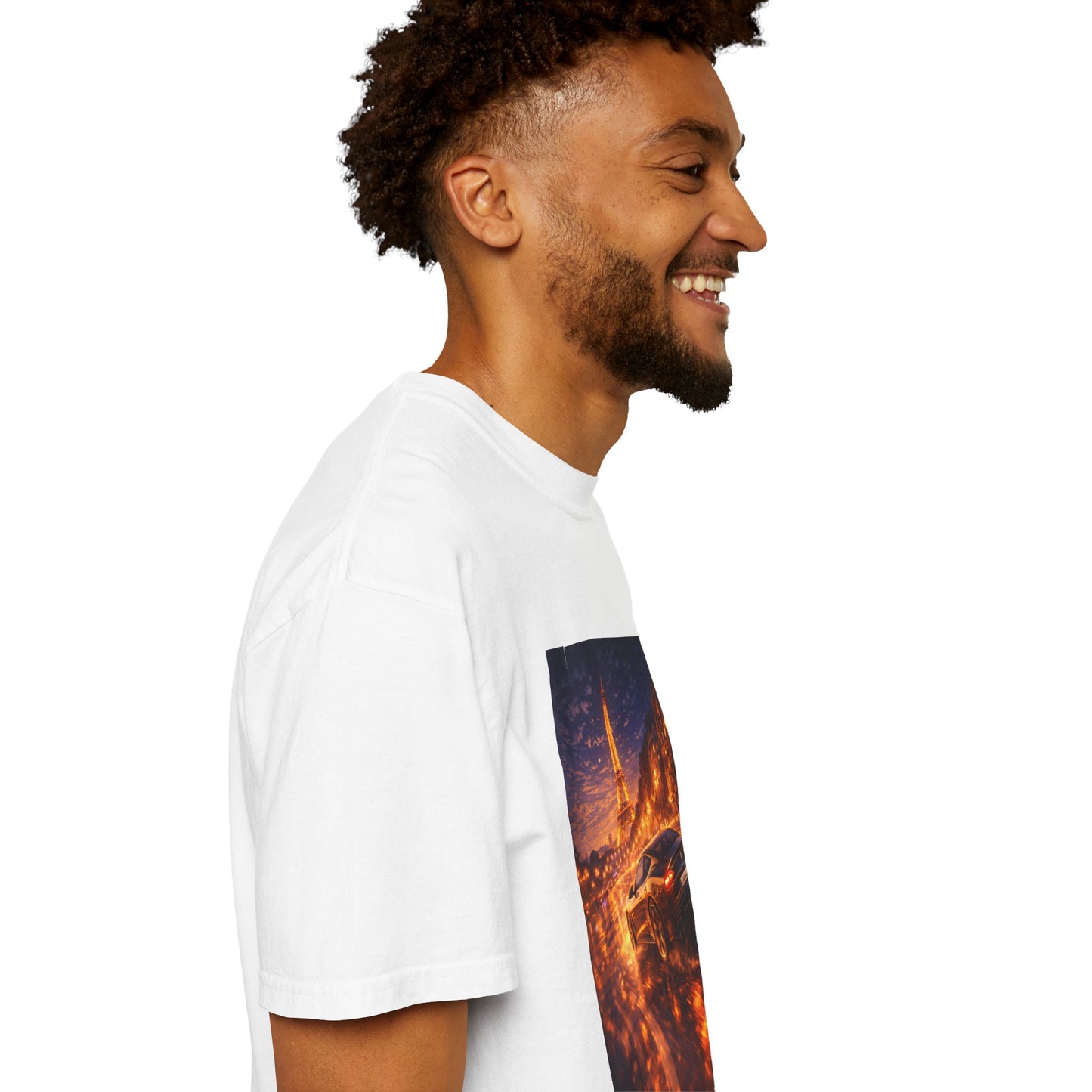 Paris Night Drive T-Shirt — Sports Car in Rainy Cityscape