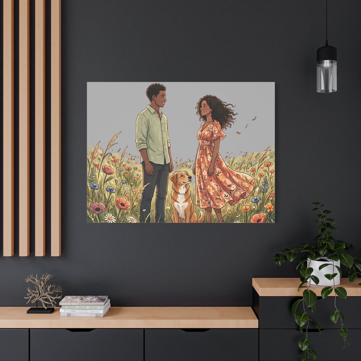 Romantic Couple in Wildflower Field Canvas Art — Black Love Wall Decor with Dog