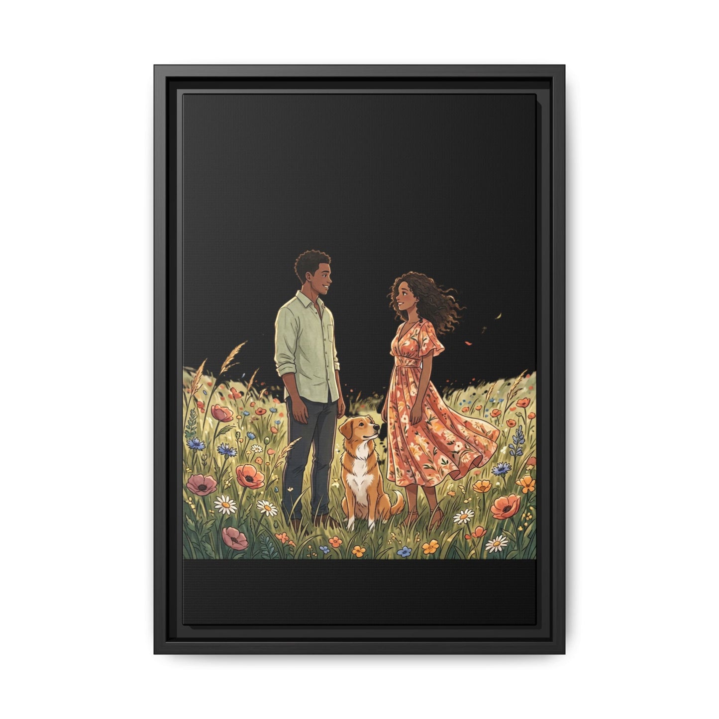 Framed Matte Canvas Print — Romantic Couple in Wildflower Field (Multi‑Color)