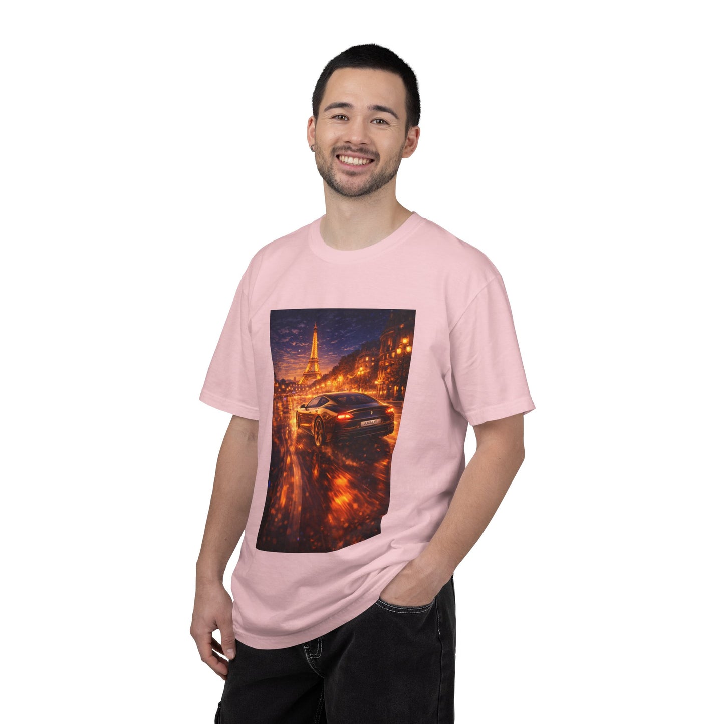 Paris Night Drive T-Shirt — Sports Car in Rainy Cityscape