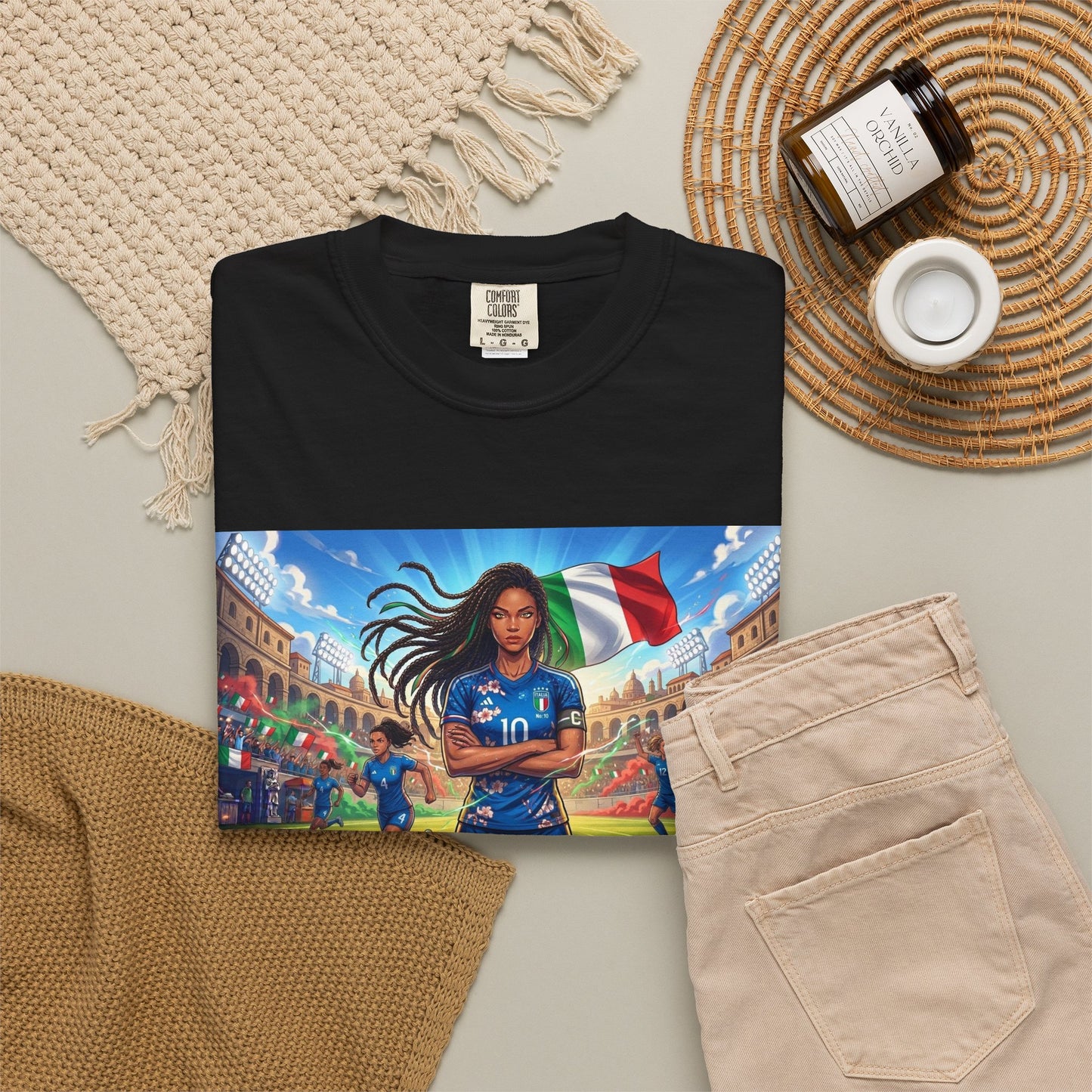 Italian Soccer Fan T‑Shirt – Inspirational Female Player with Italy Flag Stadium Print
