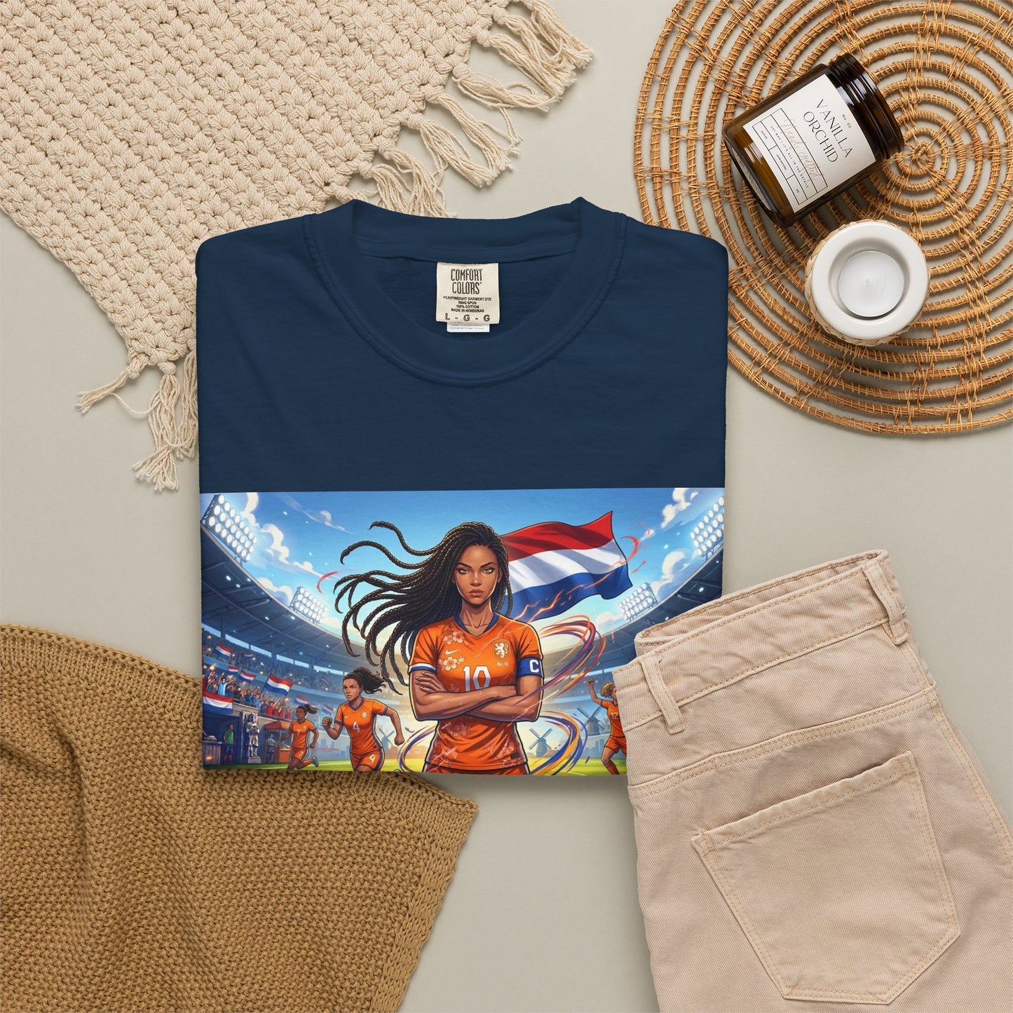 Soccer Warrior T-Shirt — Netherlands Female Captain with Flag Stadium Graphic