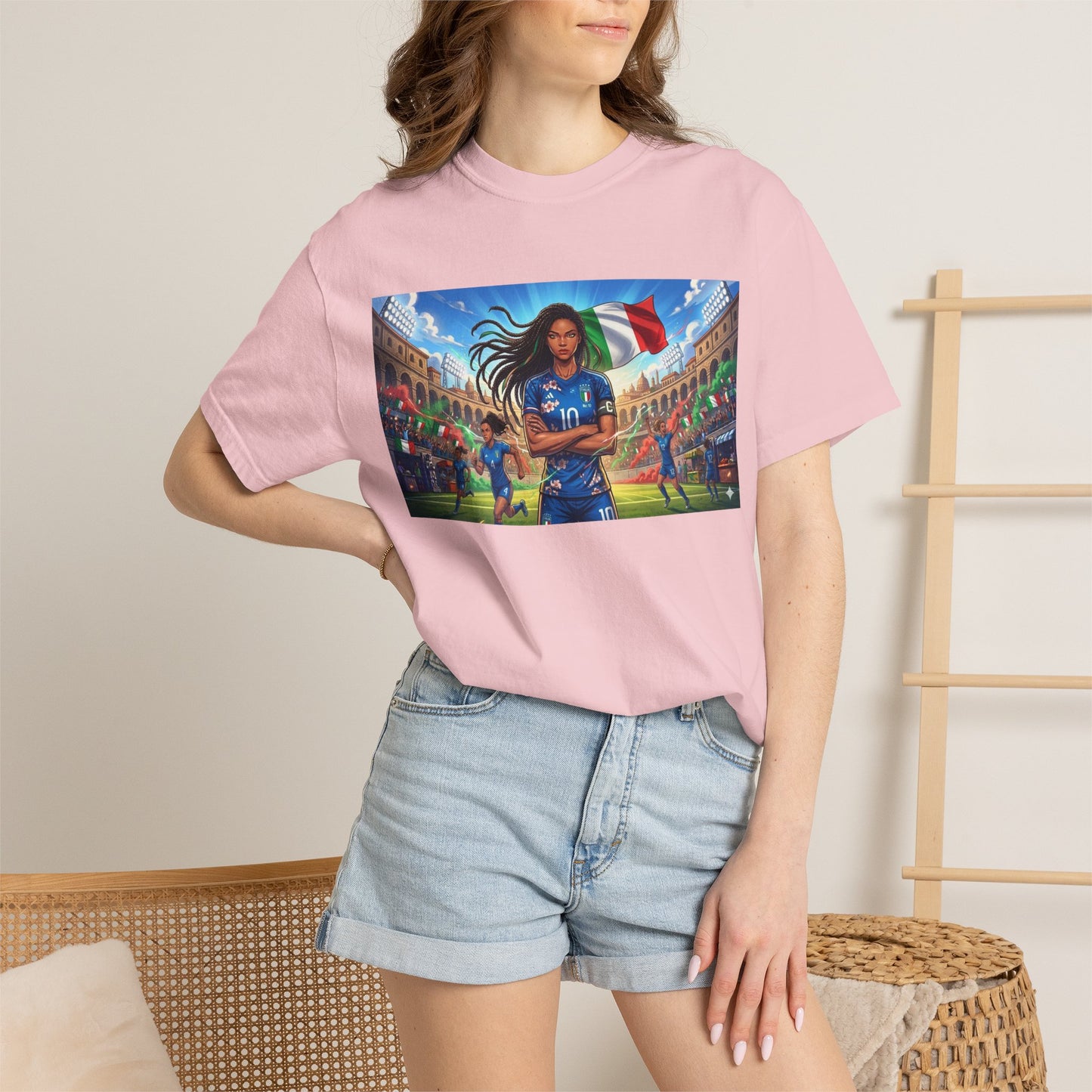 Italian Soccer Fan T‑Shirt – Inspirational Female Player with Italy Flag Stadium Print