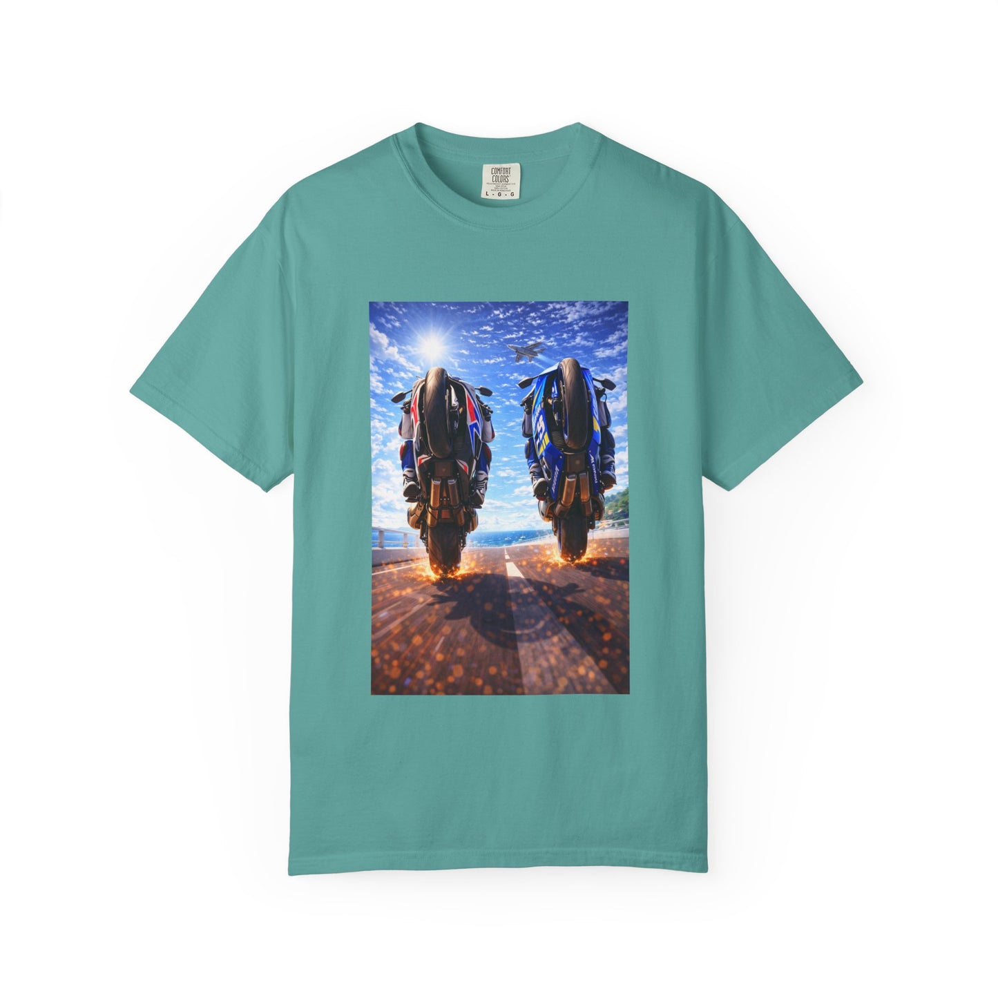 Motorcycle Sunset T-Shirt — Two Bikes Riding Into the Horizon