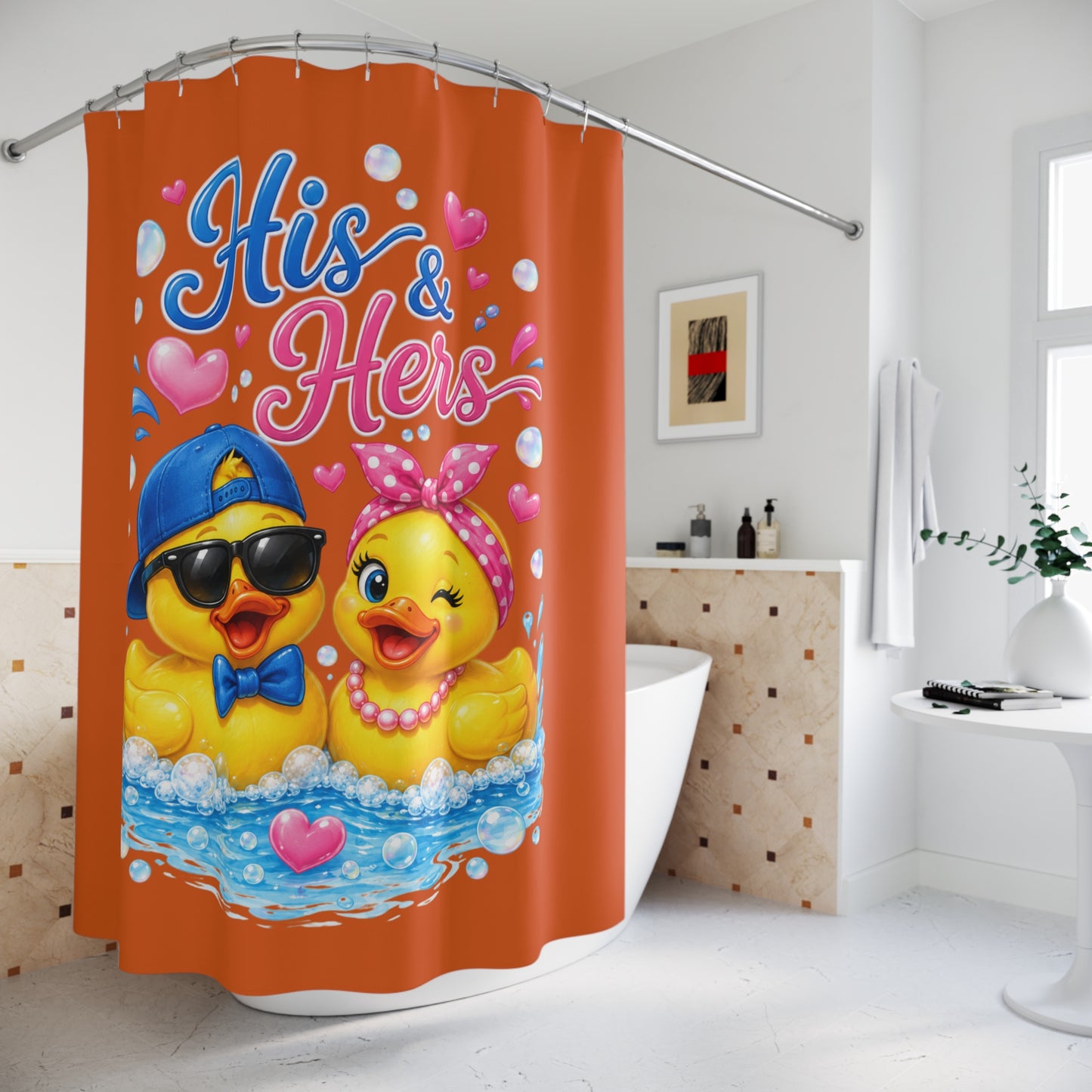 His & Hers Cute Rubber Duck Shower Curtain — Romantic Bathroom Decor