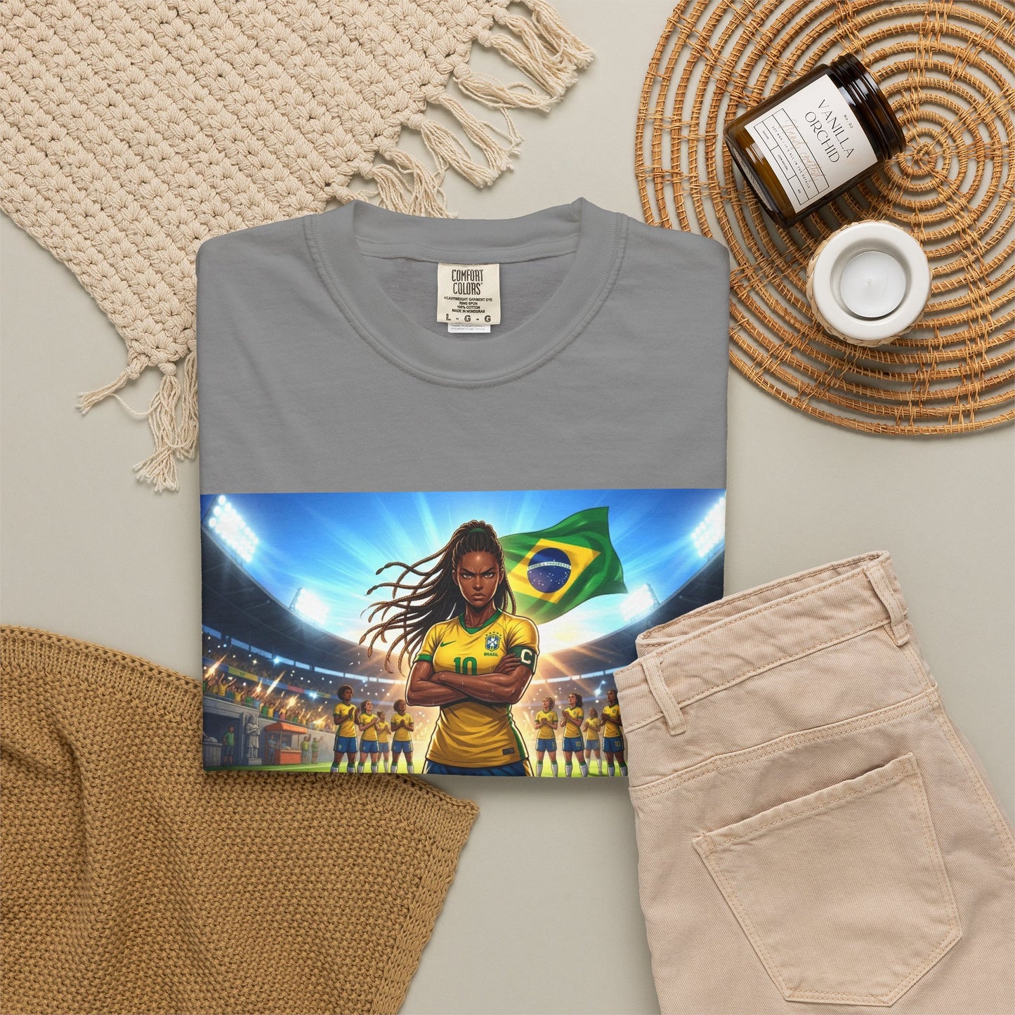 Brazil Soccer Captain T-Shirt — Player Holding Ball with Brazilian Flag Stadium Graphic