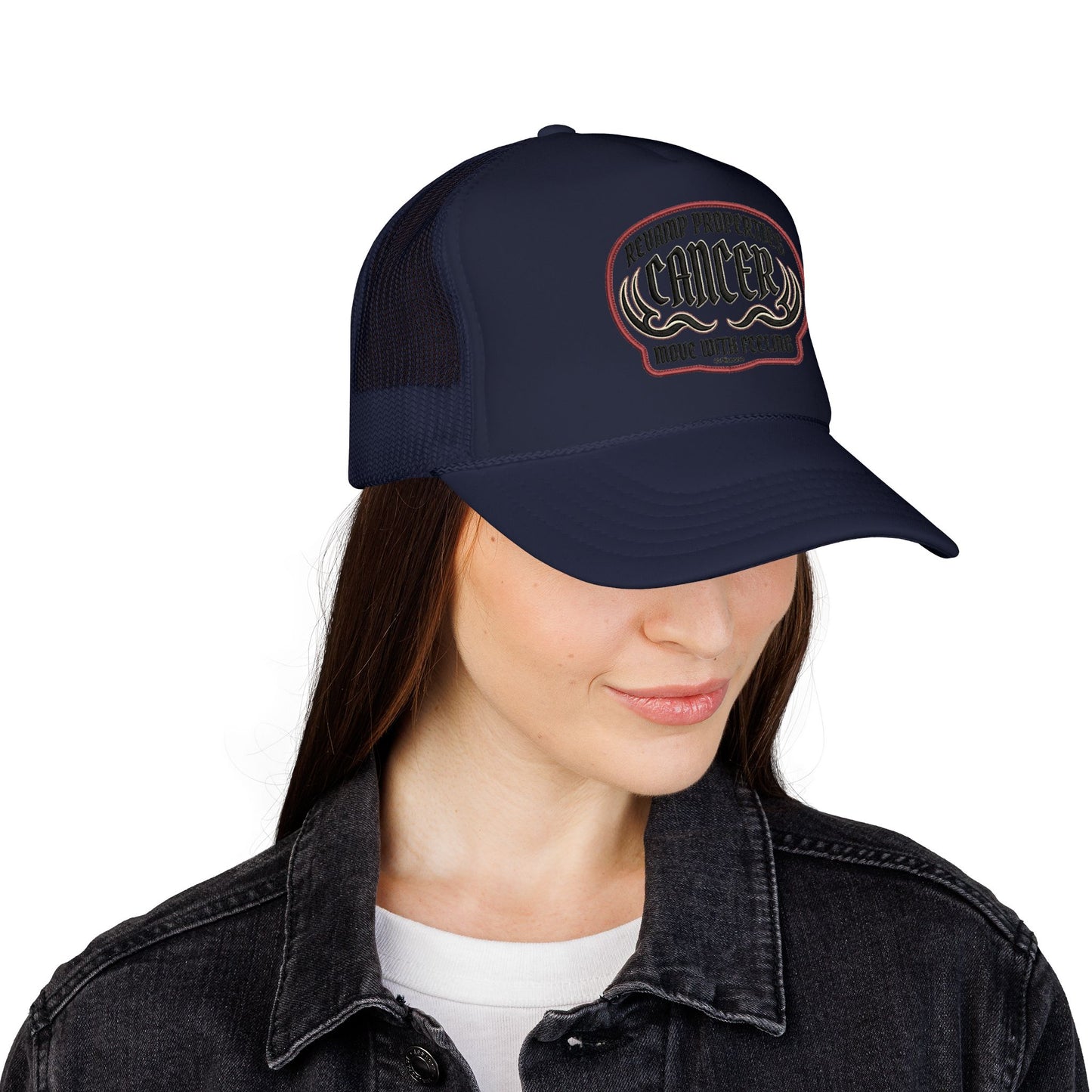 Cancer Zodiac Trucker Hat — Vintage Embroidered Skull & Crab Design