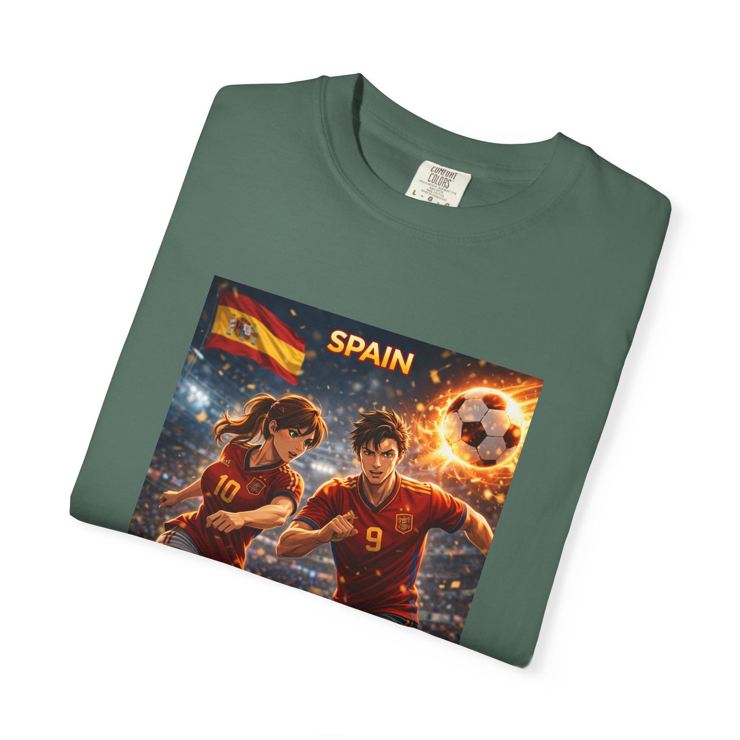 Spain Soccer Graphic T-Shirt — Retro Match Scene with Flag