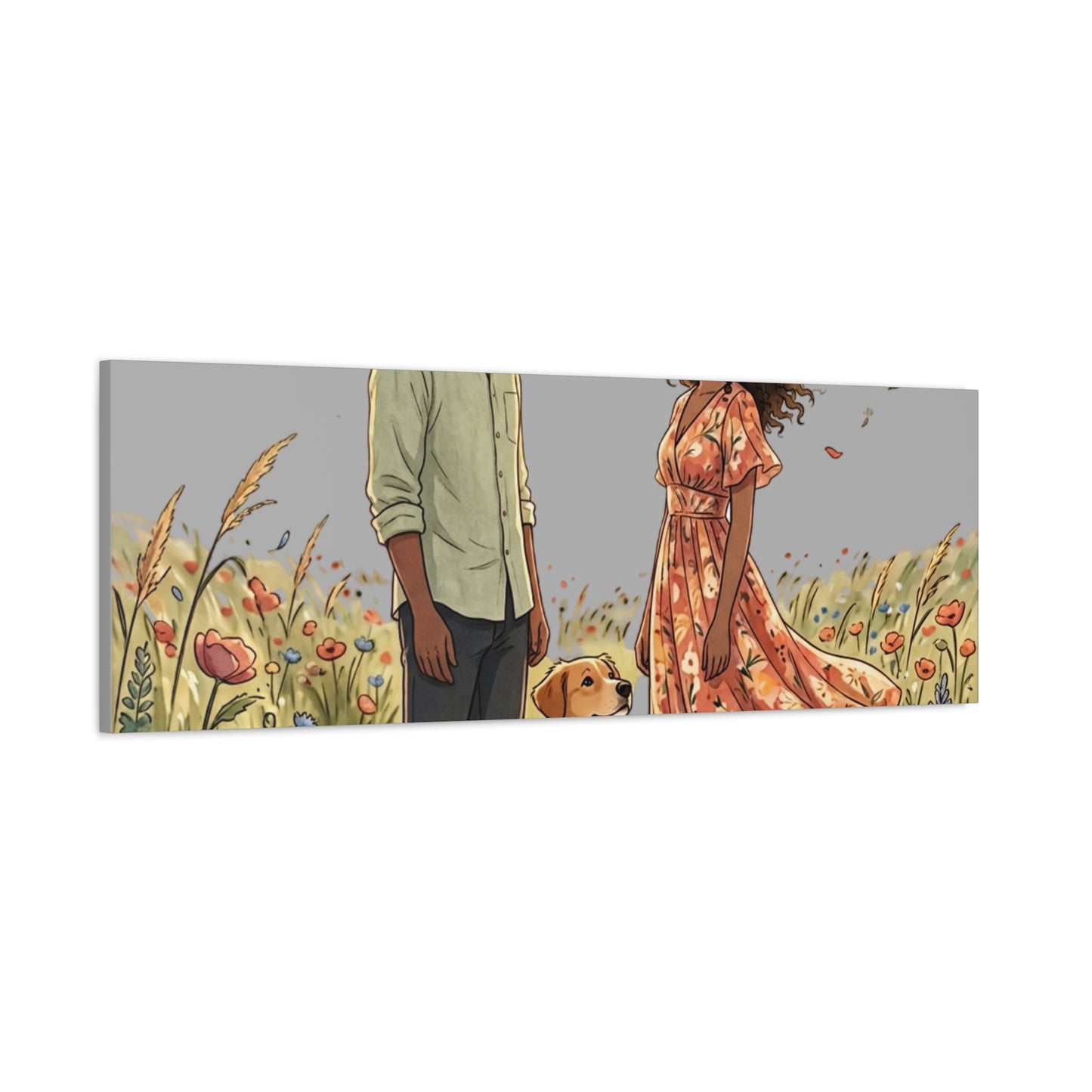 Romantic Couple in Wildflower Field Canvas Art — Black Love Wall Decor with Dog