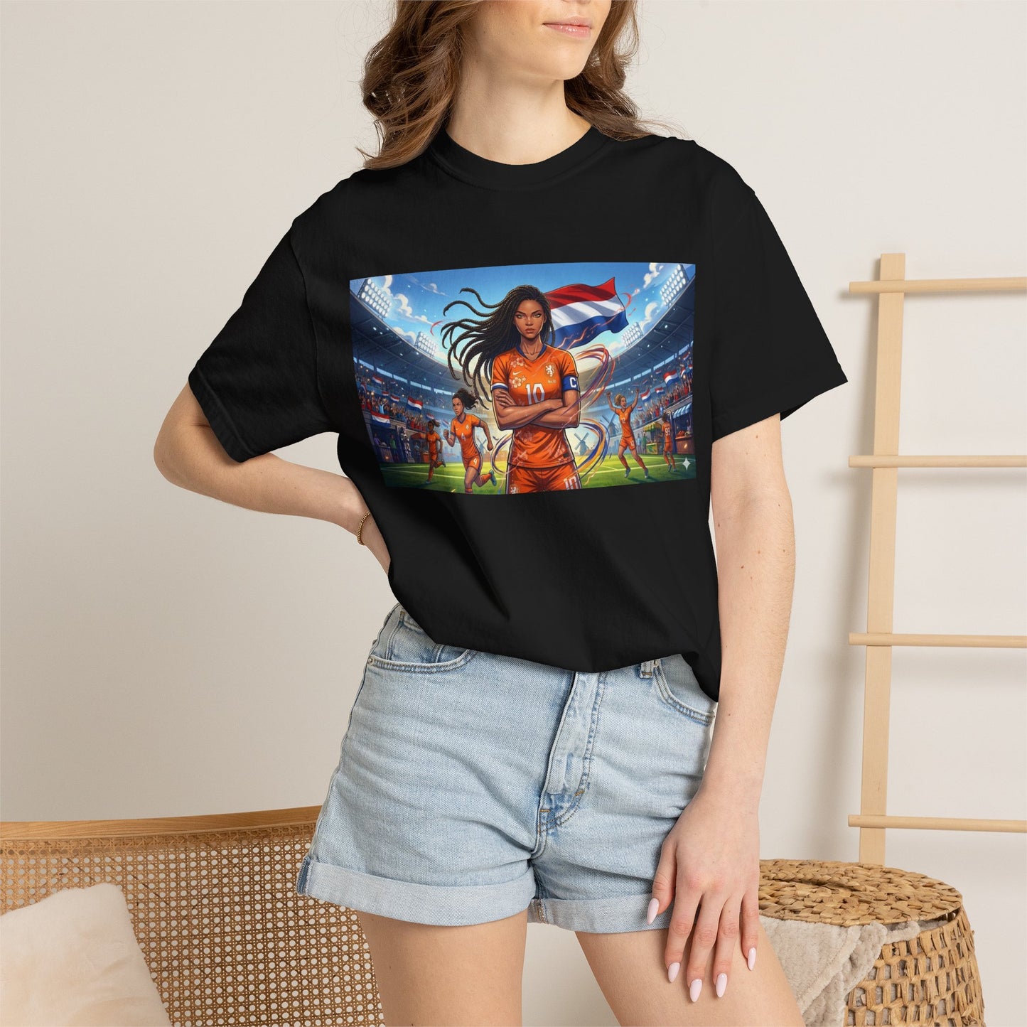 Soccer Warrior T-Shirt — Netherlands Female Captain with Flag Stadium Graphic