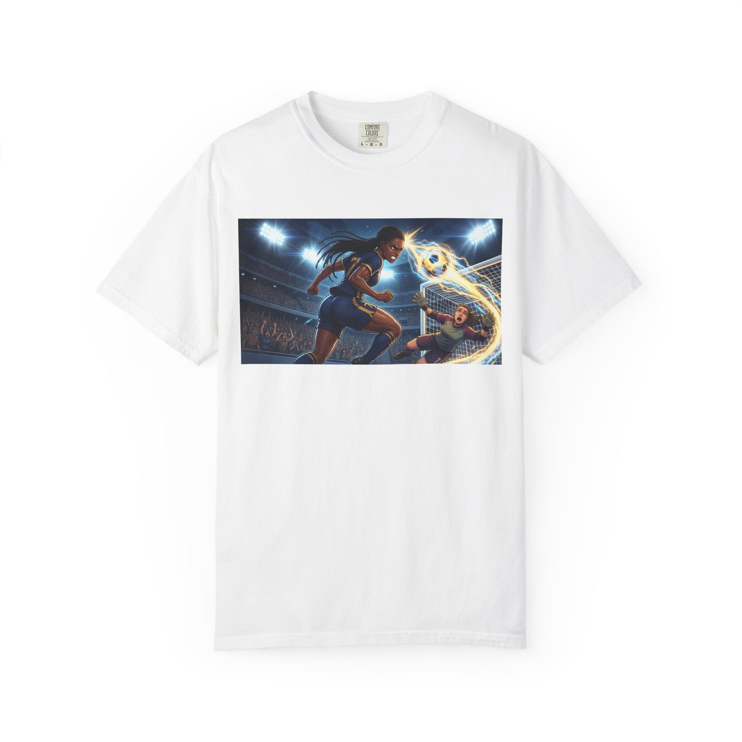 Soccer Duel Graphic T-Shirt — Futuristic Goalkeeper vs Striker Stadium Print
