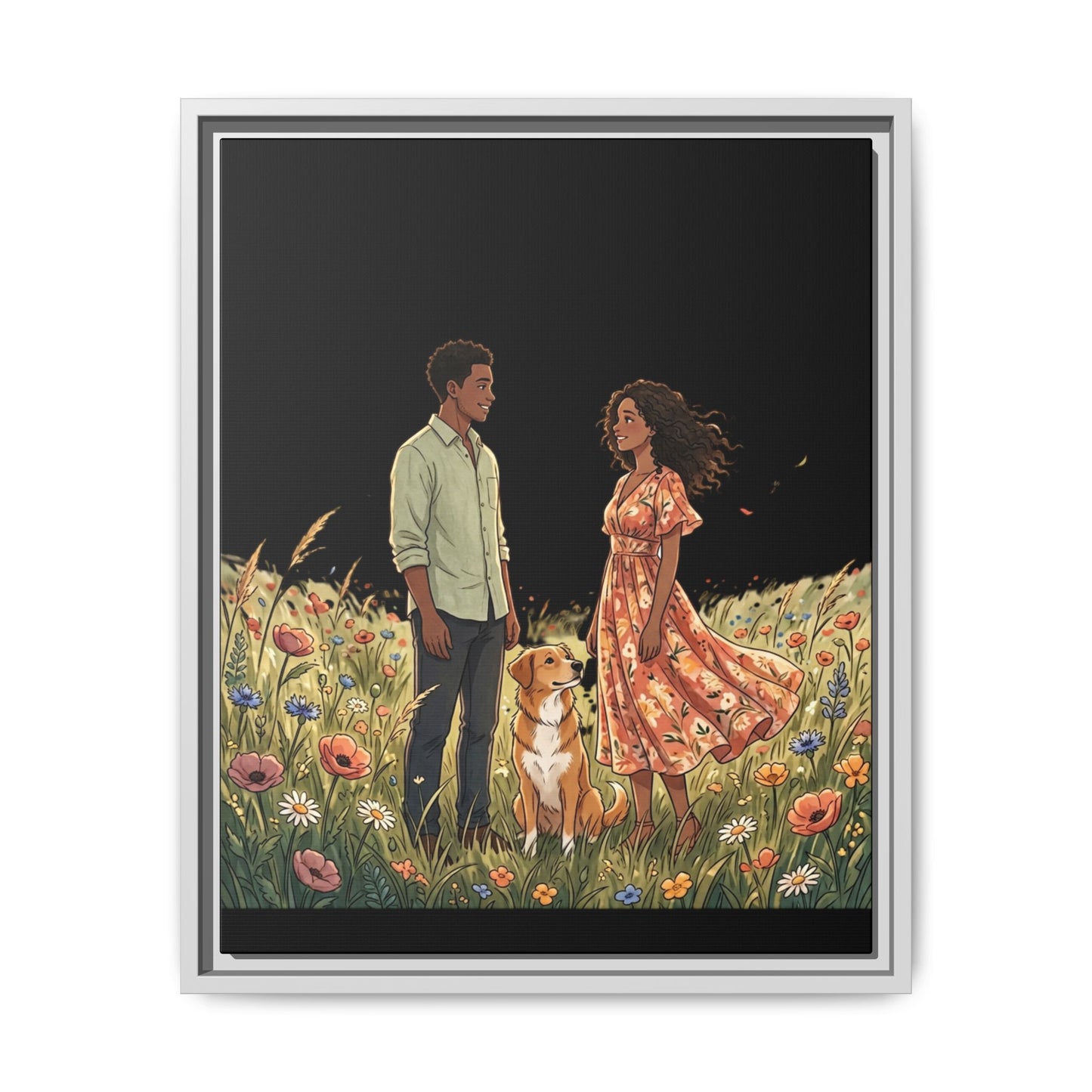 Framed Matte Canvas Print — Romantic Couple in Wildflower Field (Multi‑Color)