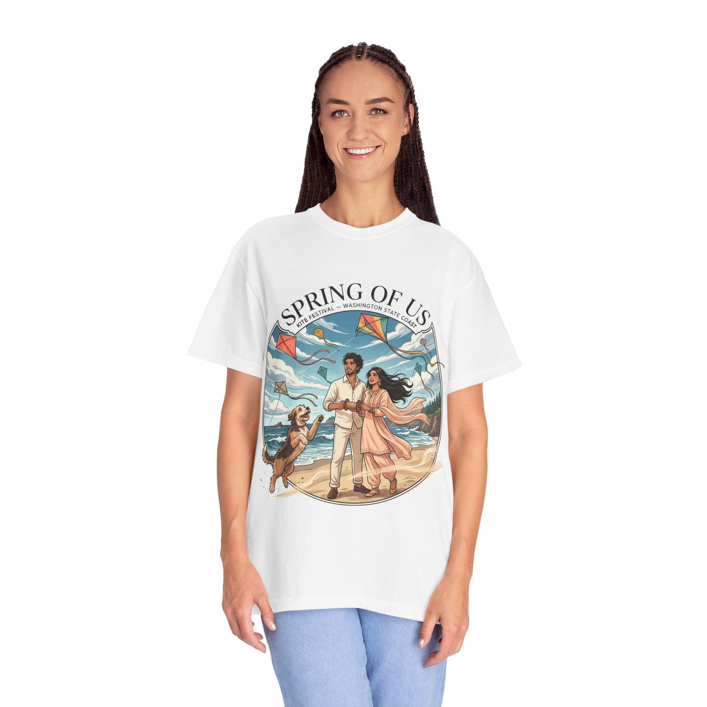 Spring of Us T-Shirt — Romantic Beach Couple Illustration with Dog