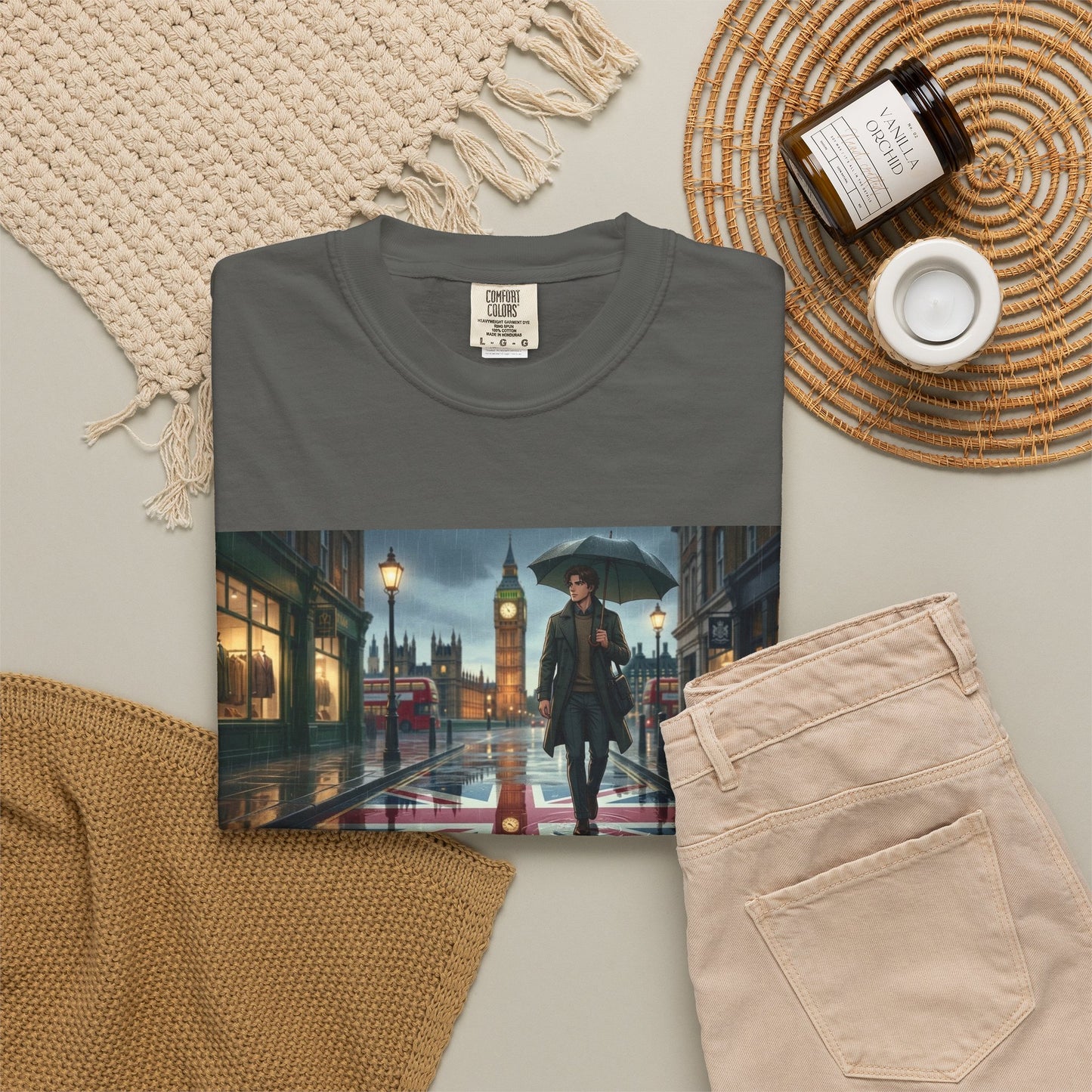 T-Shirt — Rainy London Street Scene Graphic Tee (Big Ben, Umbrella, Night Cityscape)