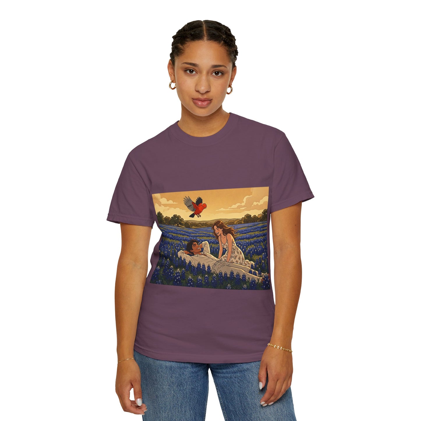 Romantic Bluebonnet Field T-Shirt — Couple in Wildflower Meadow Art Tee