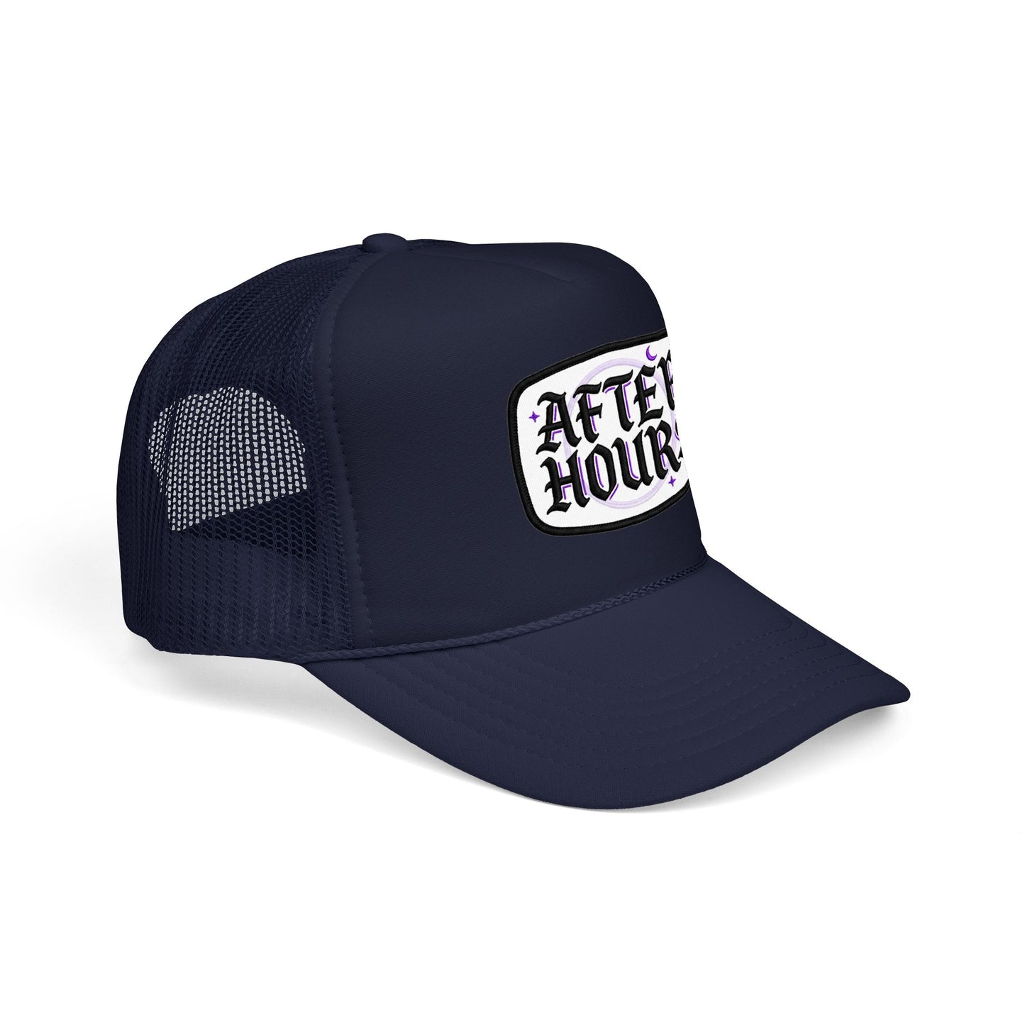 After Hours Foam Trucker Hat – Retro Gothic Embroidered Patch Cap