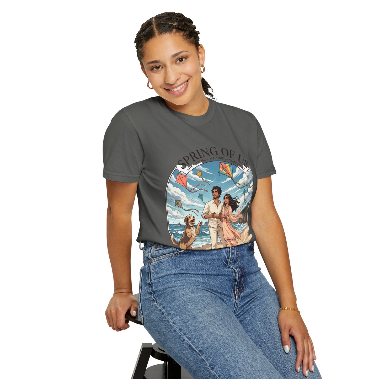 Spring of Us T-Shirt — Romantic Beach Couple Illustration with Dog