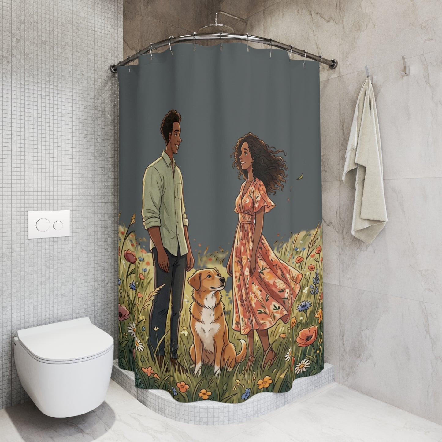 Romantic Meadow Couple Shower Curtain — Floral Fields Bathroom Decor