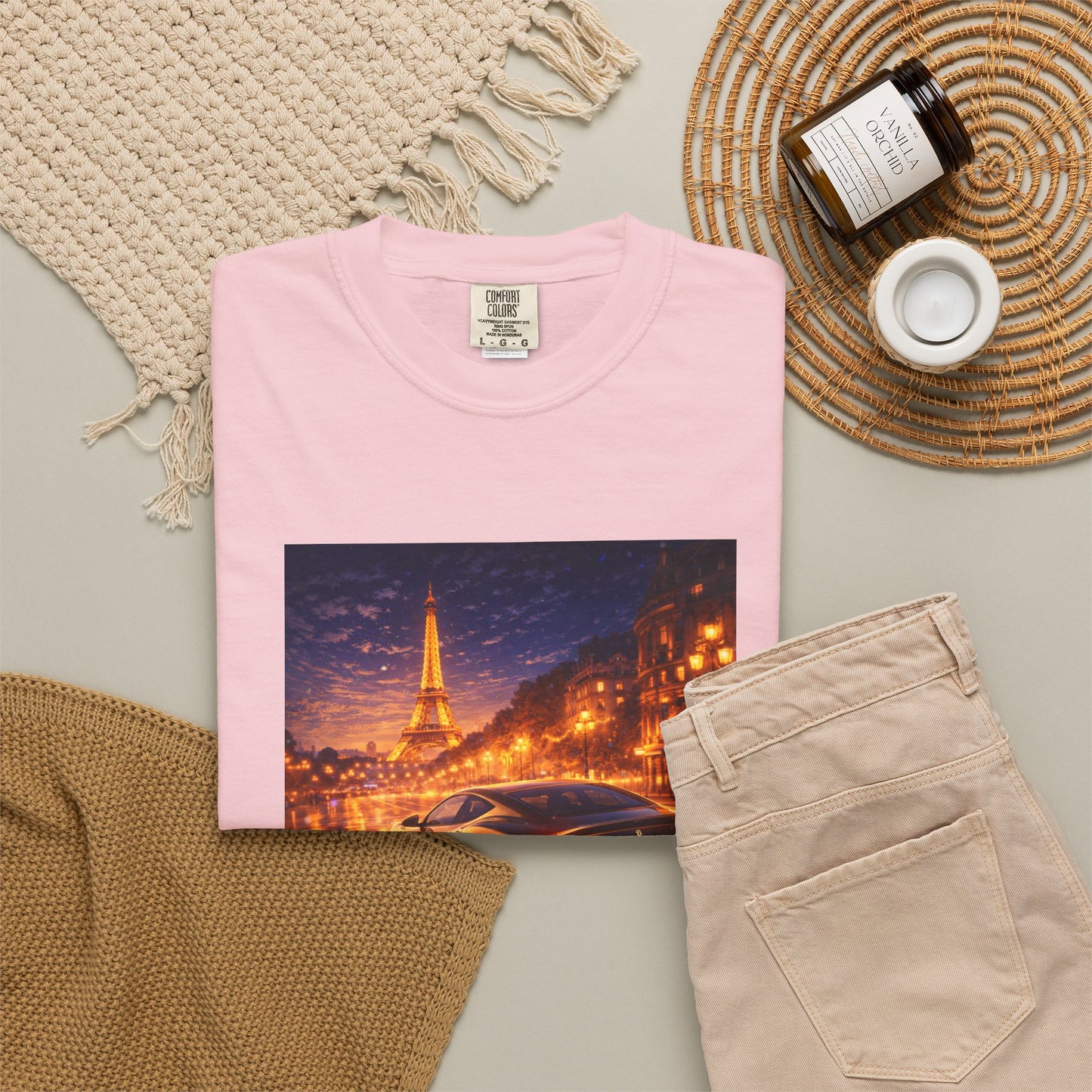 Paris Night Drive T-Shirt — Sports Car in Rainy Cityscape