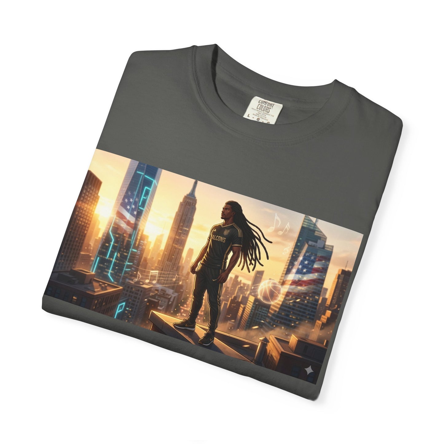 Cyberpunk Cityscape T-Shirt — Silhouette Hero at Sunset