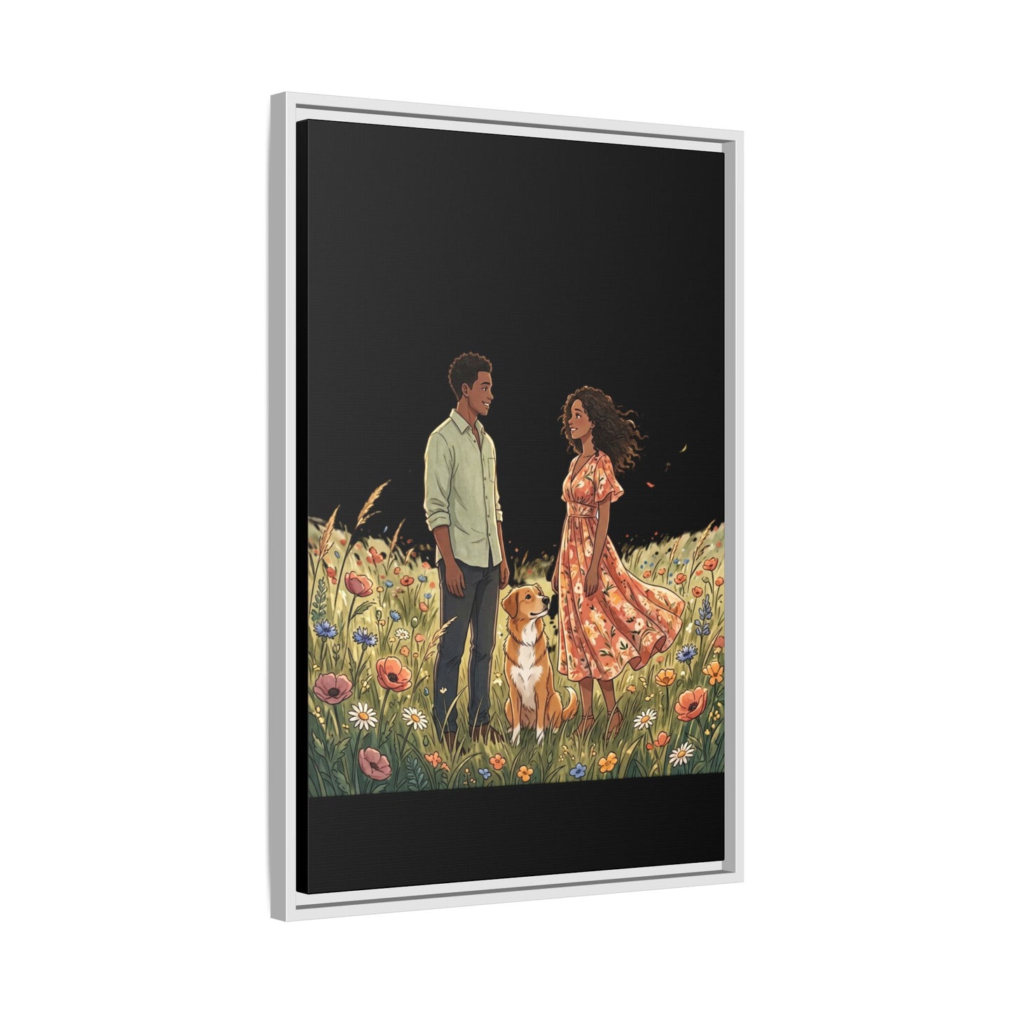 Framed Matte Canvas Print — Romantic Couple in Wildflower Field (Multi‑Color)