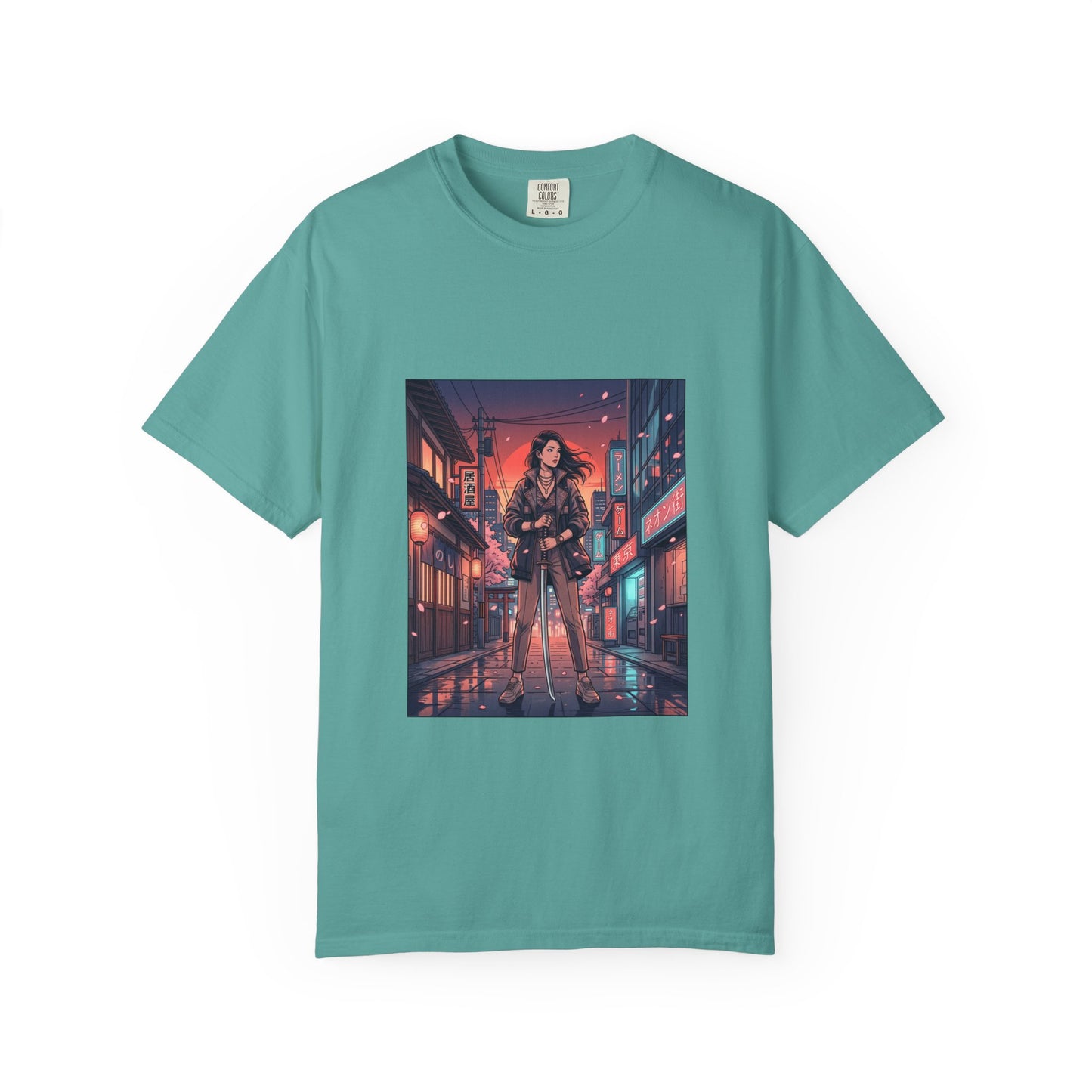 Cyberpunk Night Streets T‑Shirt — Neon Samurai Girl Graphic Tee