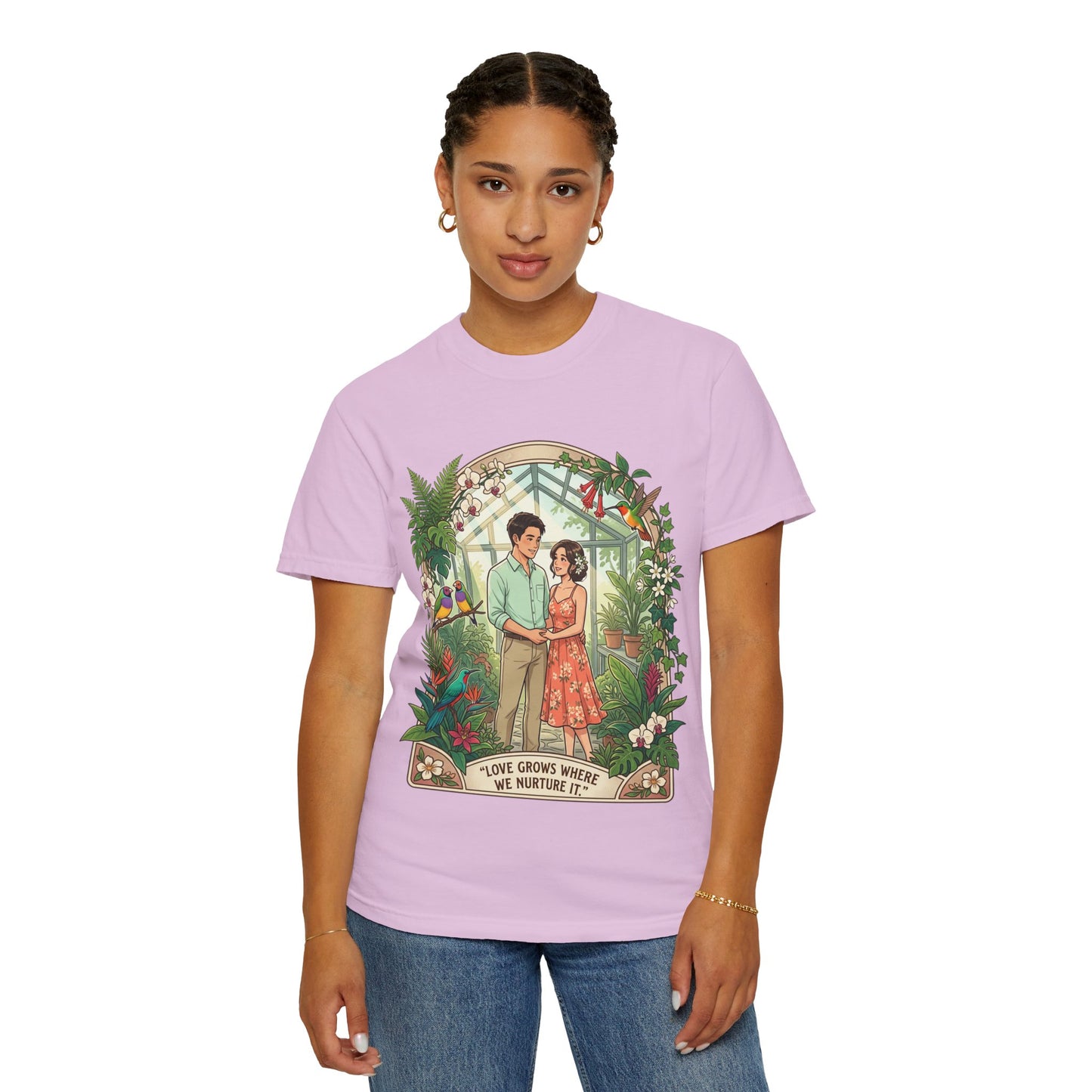 Romantic Greenhouse Couples T-Shirt — “Love Grows Where We Nurture It”