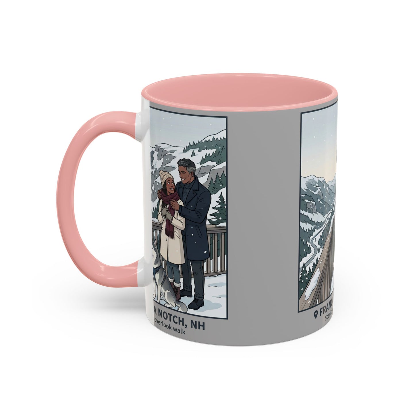 Franconia Notch Scenic Winter Mug — Couples & Dog Snowy Overlook Coffee Cup (11/15oz)