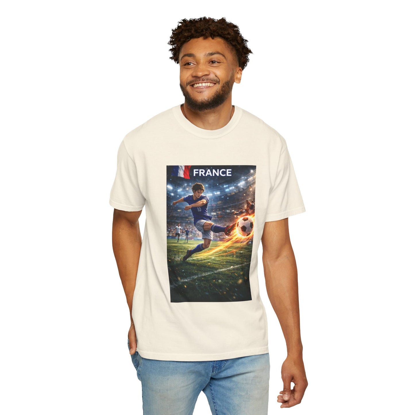 France Soccer Player Graphic T-Shirt — Football Kick Stadium Design